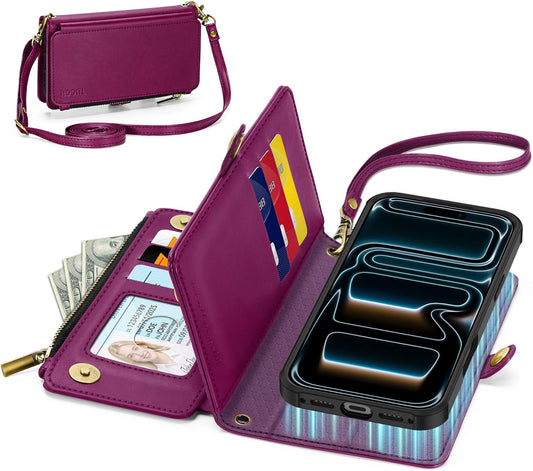 TUCCH Crossbody Detachable Wallet Case for iPhone 17 Pro 6.3" 2025, 9 Card Holders RFID Blocking, Wireless Charging, Stand, Wrist Strap Lanyard, Zipper Pocket, PU Leather Shockproof Cover, Plum Purple