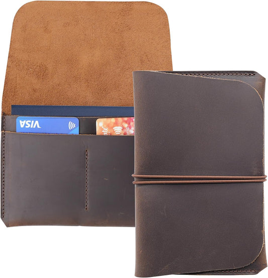 Leather Passport Holder with Travel Wallet, Genuine Leather Passport Cover- Passport Wallet, Leather Folding Wallet for Passports (Strap, Dark Brown)