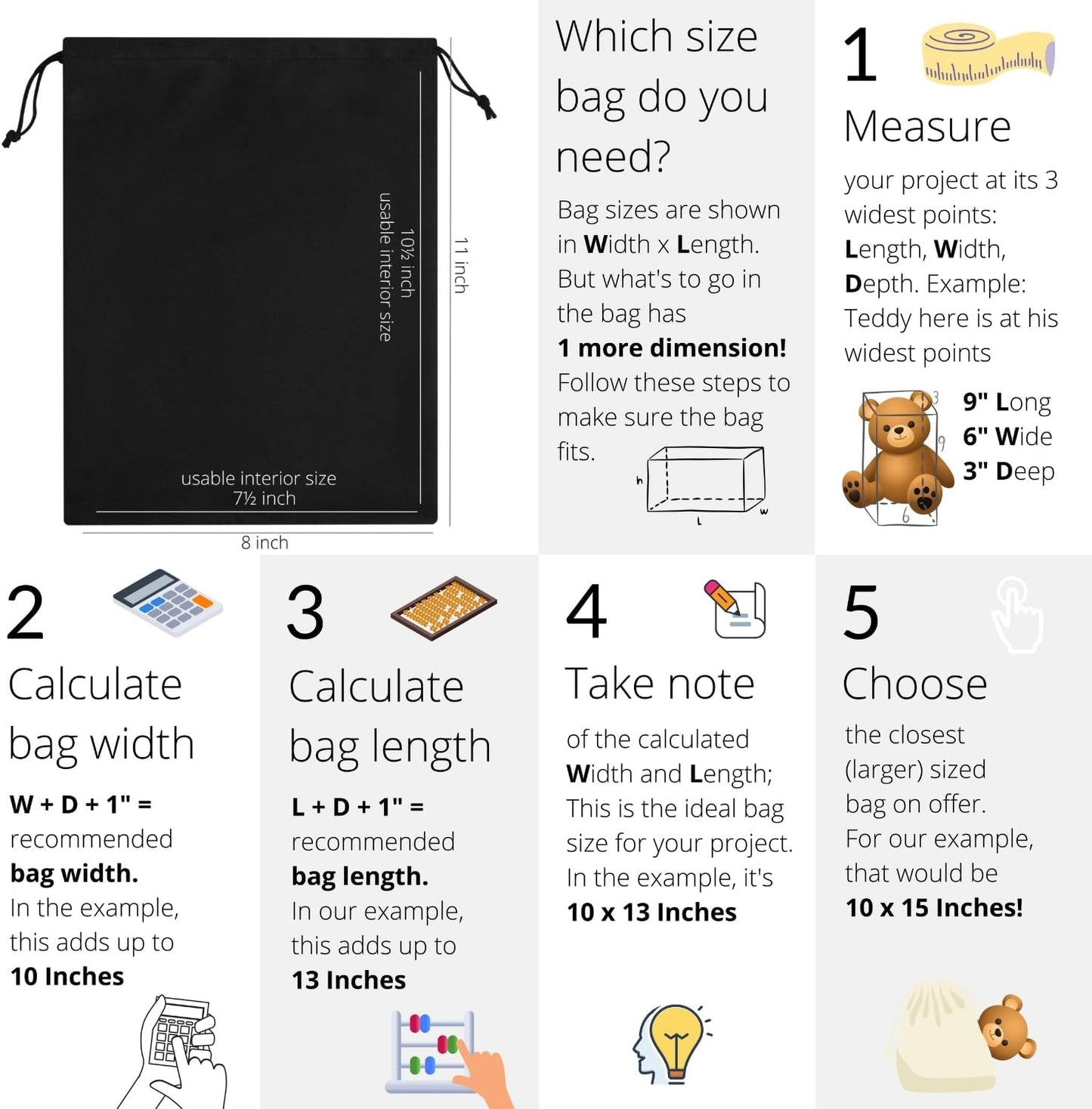 Premium Microfiber Drawstring Bags (Set of 5) – Multipurpose Travel Storage Pouches for Cords, Toiletries, Jewelry, Shoes – Durable Organizer with Strong Drawstring Closure (Black, 8 x 11 Inches)