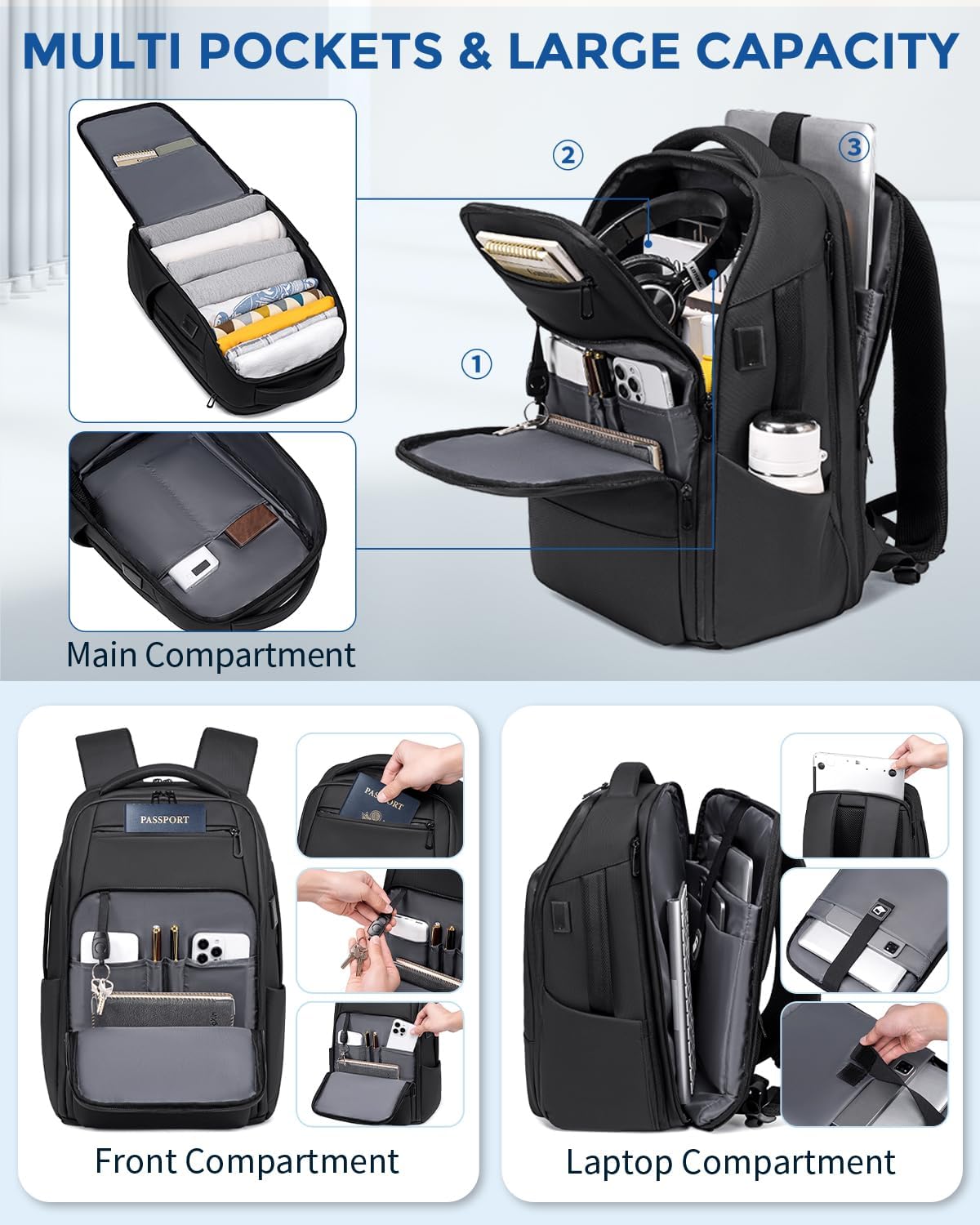 17 Inch Travel Laptop Backpack, Water Resistant Expandable Men's Computer Backpack for Men, Black Laptop Bag with USB Port for Business/Work/College