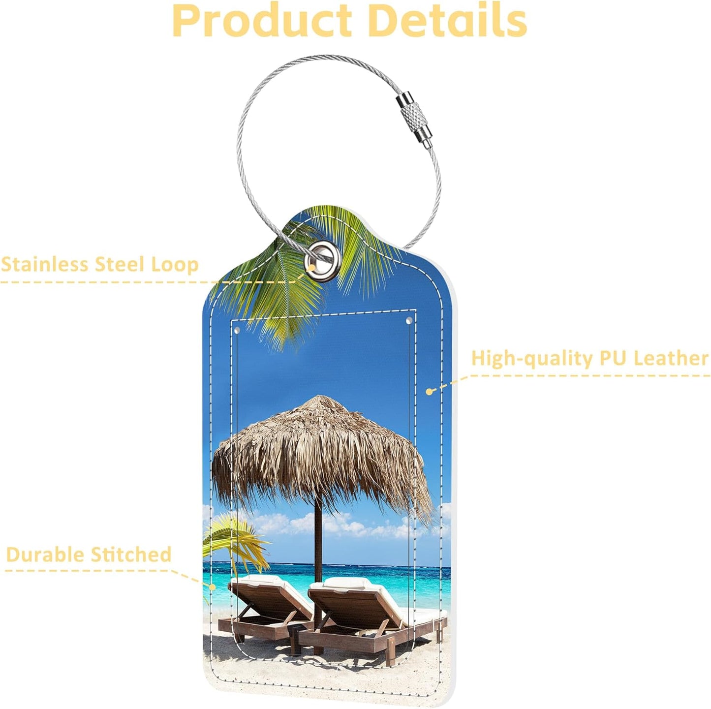 Set of 2 Luggage Tags Chairs and Umbrella in Palm Beach Leather Suitcases Tag with Privacy Cover Stainless Steel Loop and Address Card for Women Men Travel