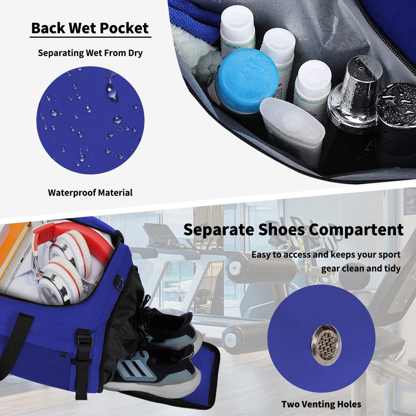 Eackrola Large Sports Gym Bag, Travel Duffel bag with Wet Pocket & Shoes Compartment for men women, 65L, Lightweight