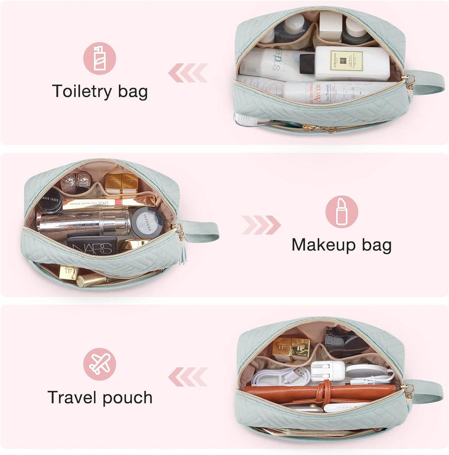 BAGSMART Makeup Bag, Cosmetic Bag for Purse,Travel Make Up Pouch,Water-resistant Toiletry Bag Elegant Roomy, Makeup Accessories Organizer, Light Blue