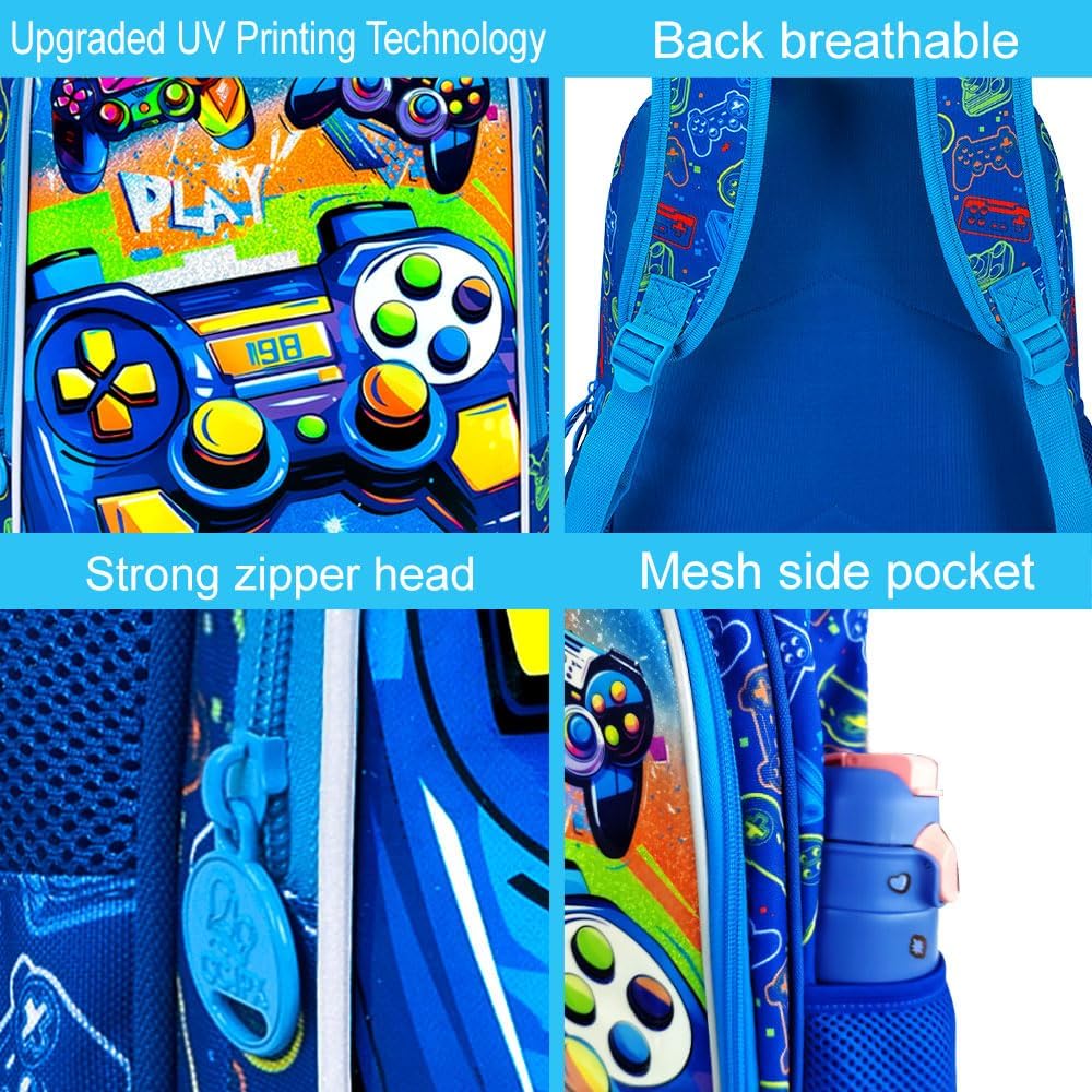 16" Gamer Backpack for Boy, 3Pcs Gaming Kids Bookbag for Elementary Preschool Kindergarten, School Backpacks with Lunch Box(Blue)