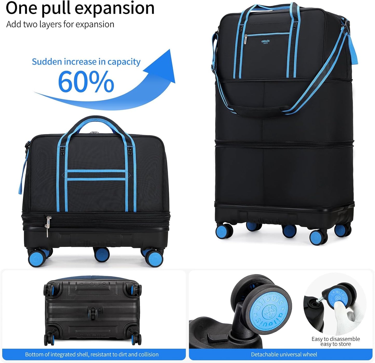 Rolling Duffle Bag with Detachable Wheels, Large Capacity Expandable Foldable Suitcase for Travel,Collapsible Luggage Carry on Duffel Overnight Weekend Bags