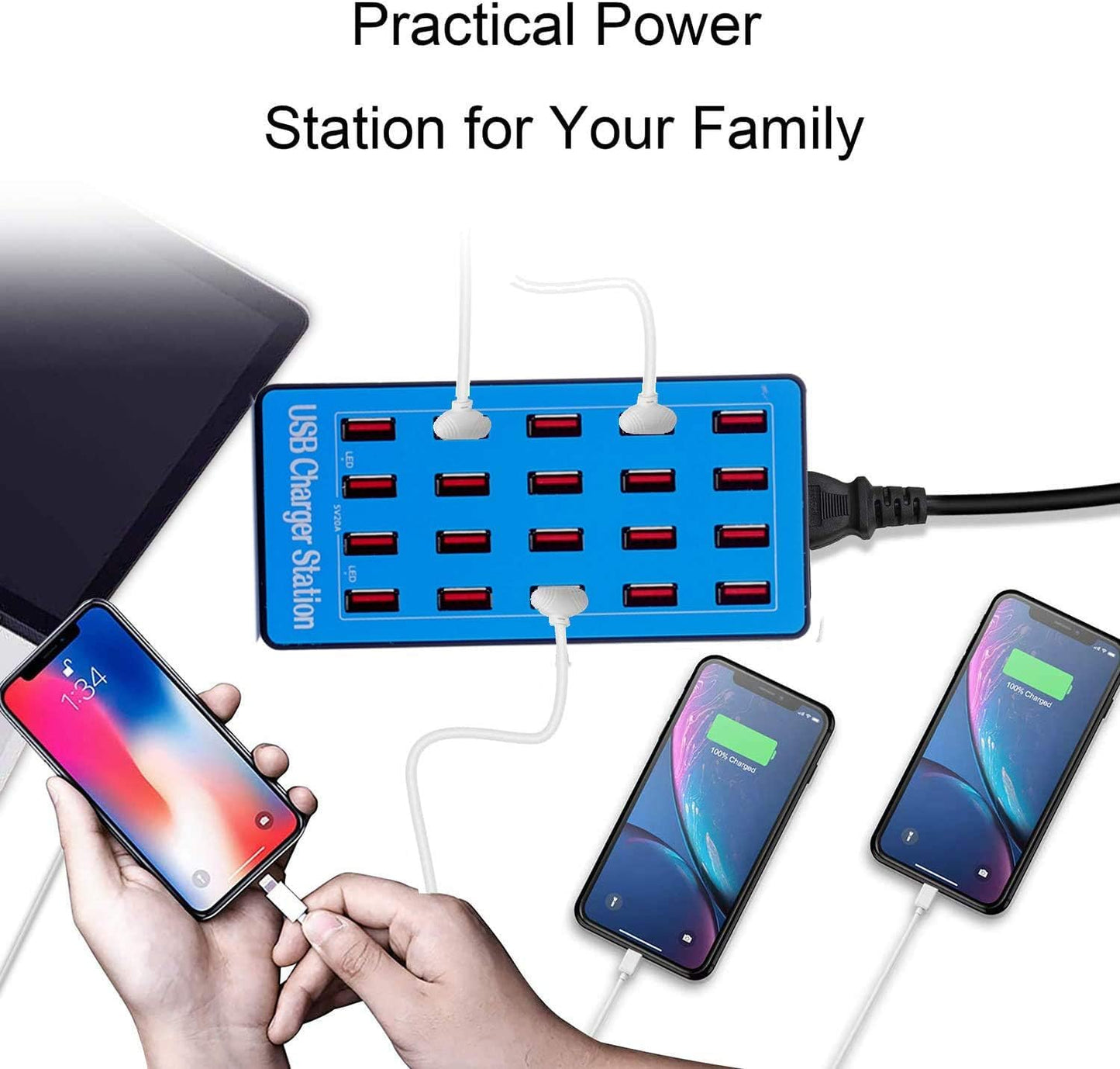 100W 20-Port Multi-Device USB Charging Station - Supports simultaneous Charging for Smartphones, Tablets, smartwatches and Other USB-Powered Devices.(20 Port Charger Station-Blue)