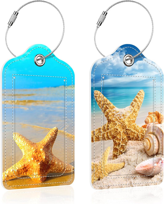 2 Pack Beach Shells Luggage Tag for Suitcase,Starfish PU Leather Suitcase Tags Identifiers with Privacy Name Address Labels and Steel Loop for Women Men Travel