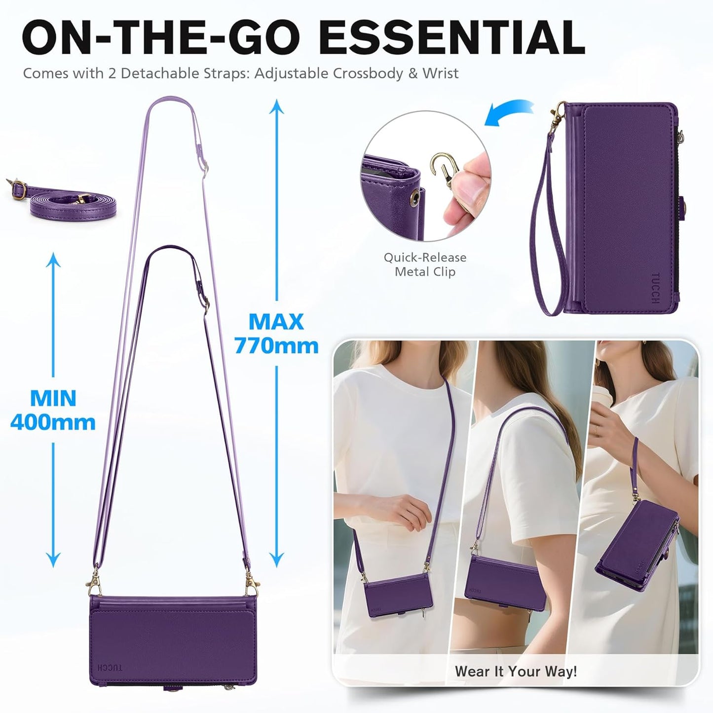 TUCCH Removable Crossbody Wallet Case for iPhone Air 6.5", RFID Blocking 9 Card Holders, Lanyard, Wrist Strap, Wireless Charging, Stand, Zipper Pocket, PU Leather, Magnetic Flip Cover, Deep Purple