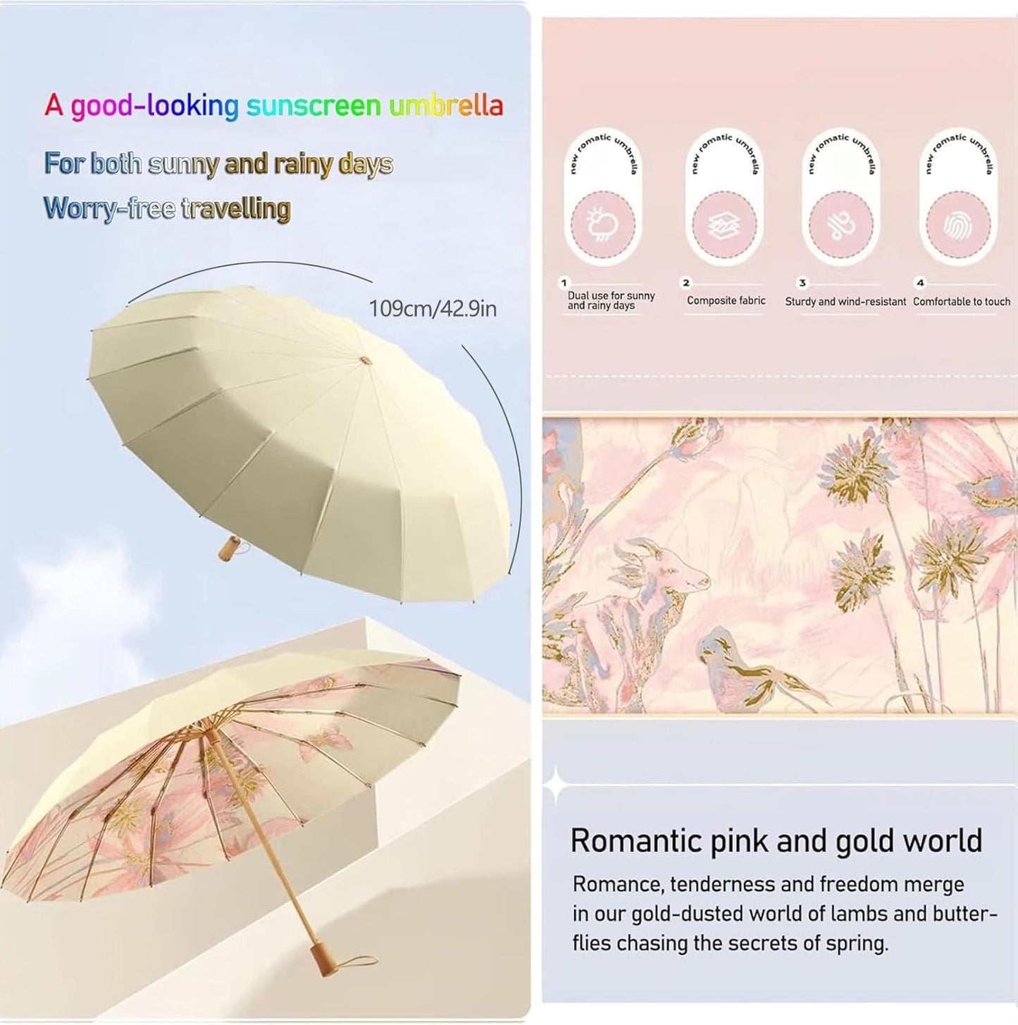 Folding umbrellas for rain and sun UPF 50+ UV Protection Windproof waterproofing and Strong Travel Essentials for Men Women 16 Ribs Wooden Handle Pink Umbrella For Women Sun Umbrella For Walking Compact