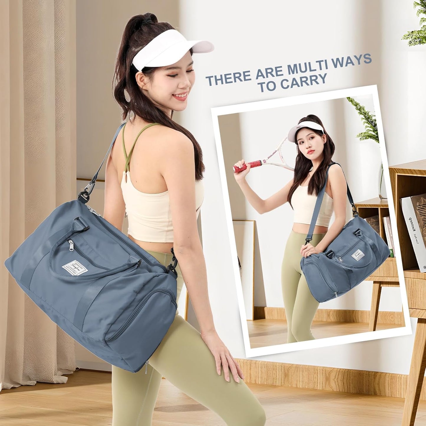 Gym Bag for Women Men with Shoes Compartment,Sports Duffle Bag Personal item travel Duffel Bags Tote Bag Small Carry on Weekender Overnight Bag Workout Dance Bag Hospital Holdalls Grey Blue