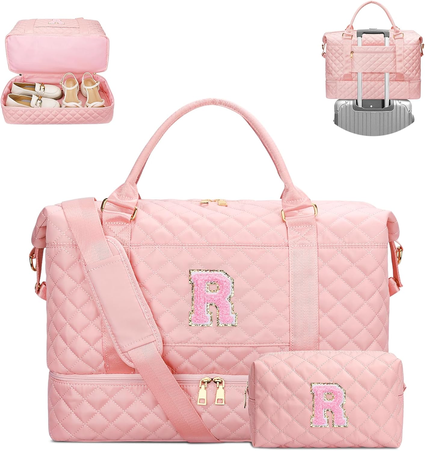 Gifts for Women Teen Girls Birthday Christmas Initial Travel Duffle Bag Quilted Weekender Bags Carry-On Overnight with Cosmetic Bag, Gym Bag with Shoe Compartment, Pink-R