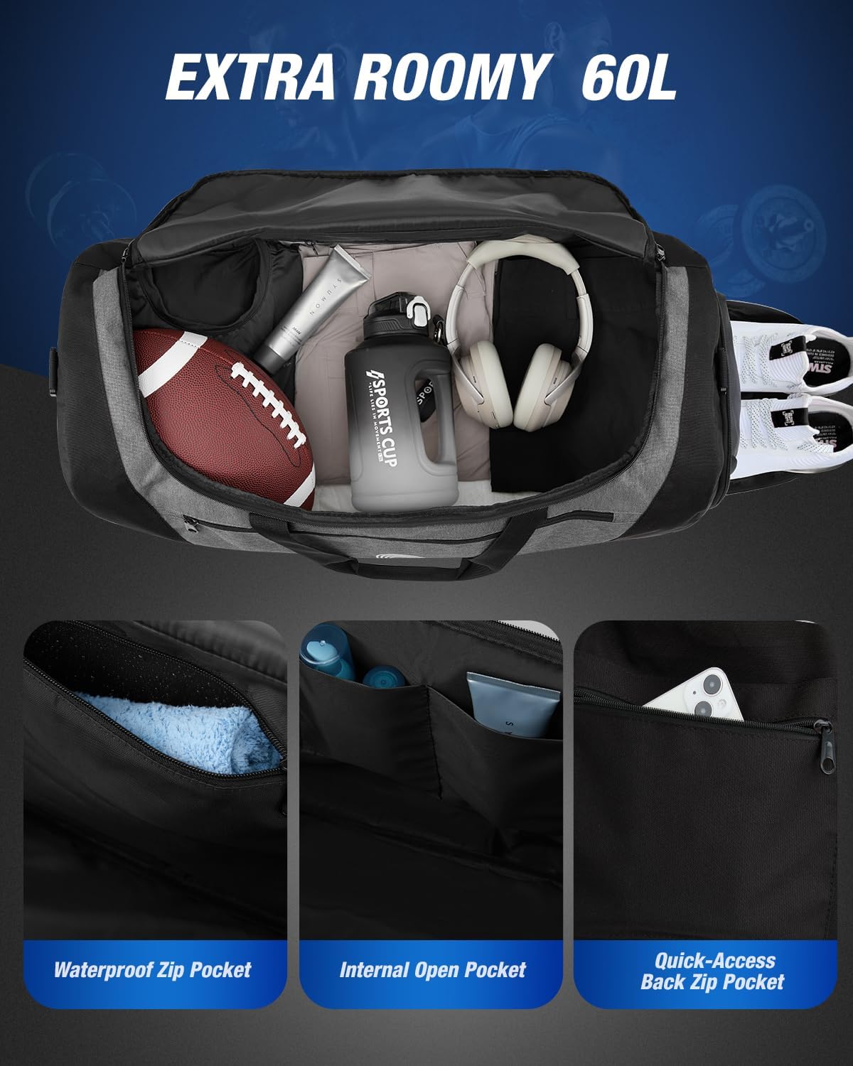 Gonex Gym Duffel Bag with Shoe Compartment Wet Pocket, Large Capacity Sports Duffle Bag for Men Women, Workout & Travel Bag with Multiple Pockets, Black/Gray, Medium (60L)