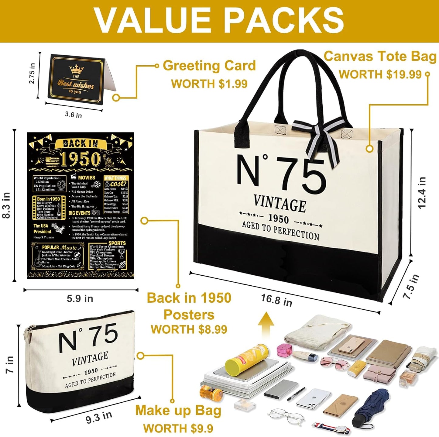 75th Birthday Gifts for Women Canvas Tote Bag Travel Gear,Unique 75 Years Old Gifts for Wife Mom Sister Aunt Friends Her, Vintage N°75 Handbag & Cosmetic Bag & Back in 1950 Poster