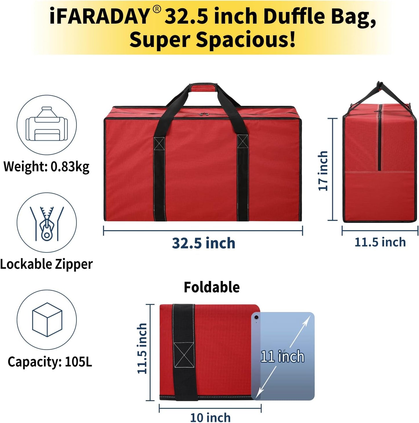 105L Extra Large Duffle Bag - 32.5 inch Heavy Duty & Water Resistant Duffel Bag Durable Luggage Storage Bag for Camping, Travel, Sports (Red)