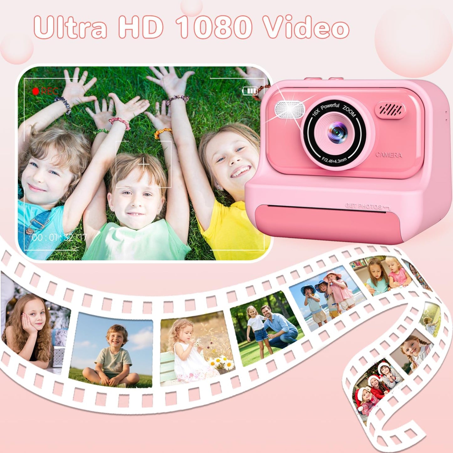Instant Print Camera for Kids,2.4 Inch Screen Kids Digital Cameras, Christmas Birthday Gifts for Girls Age 3-12, Portable Toddler Travel Toy for 3 4 5 6 7 8 9 10 Year Old Girls Boys
