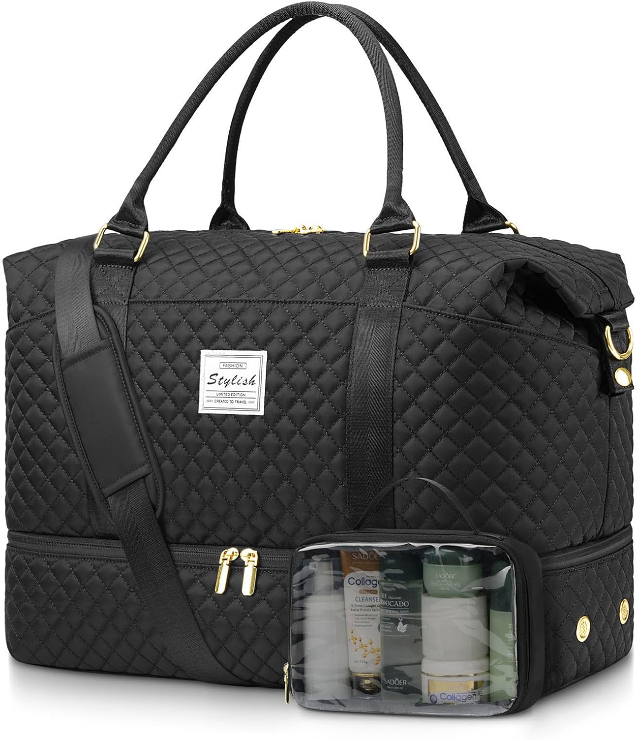 Women Weekender Travel Duffle Bags: Duffel Overnight Bag with Shoe Compartment Large Carry on Tote Bag Toiletry Bag Weekend Yoga Gym Bags with Wet Pocket Hospital Bags for Labor and Delivery Black