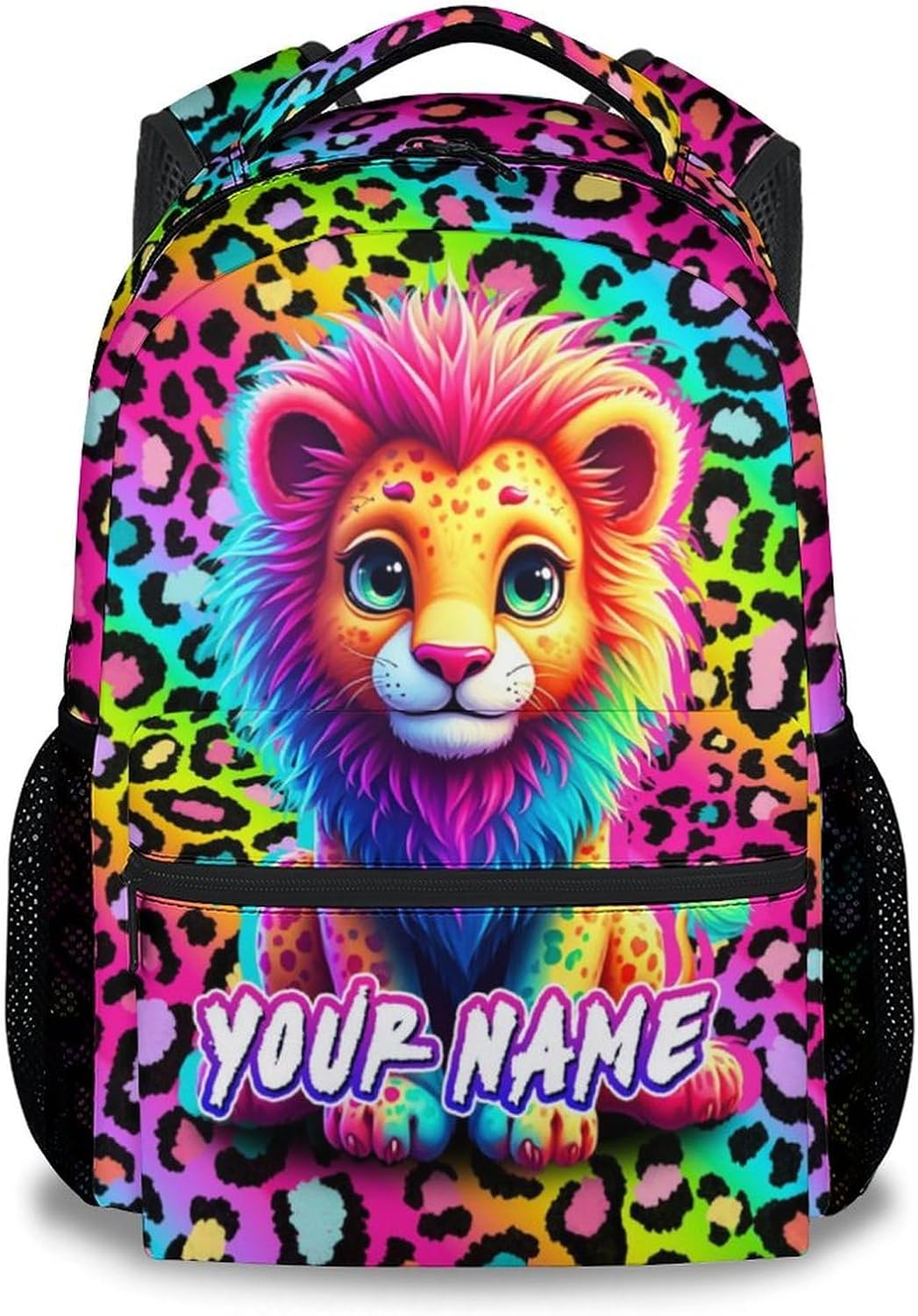 Custom Lion Backpack for Kids - 17 Inch Aesthetic Girls Backpacks for Preschool - Cute Lightweight Durable Animal Print Bookbag for Middle School