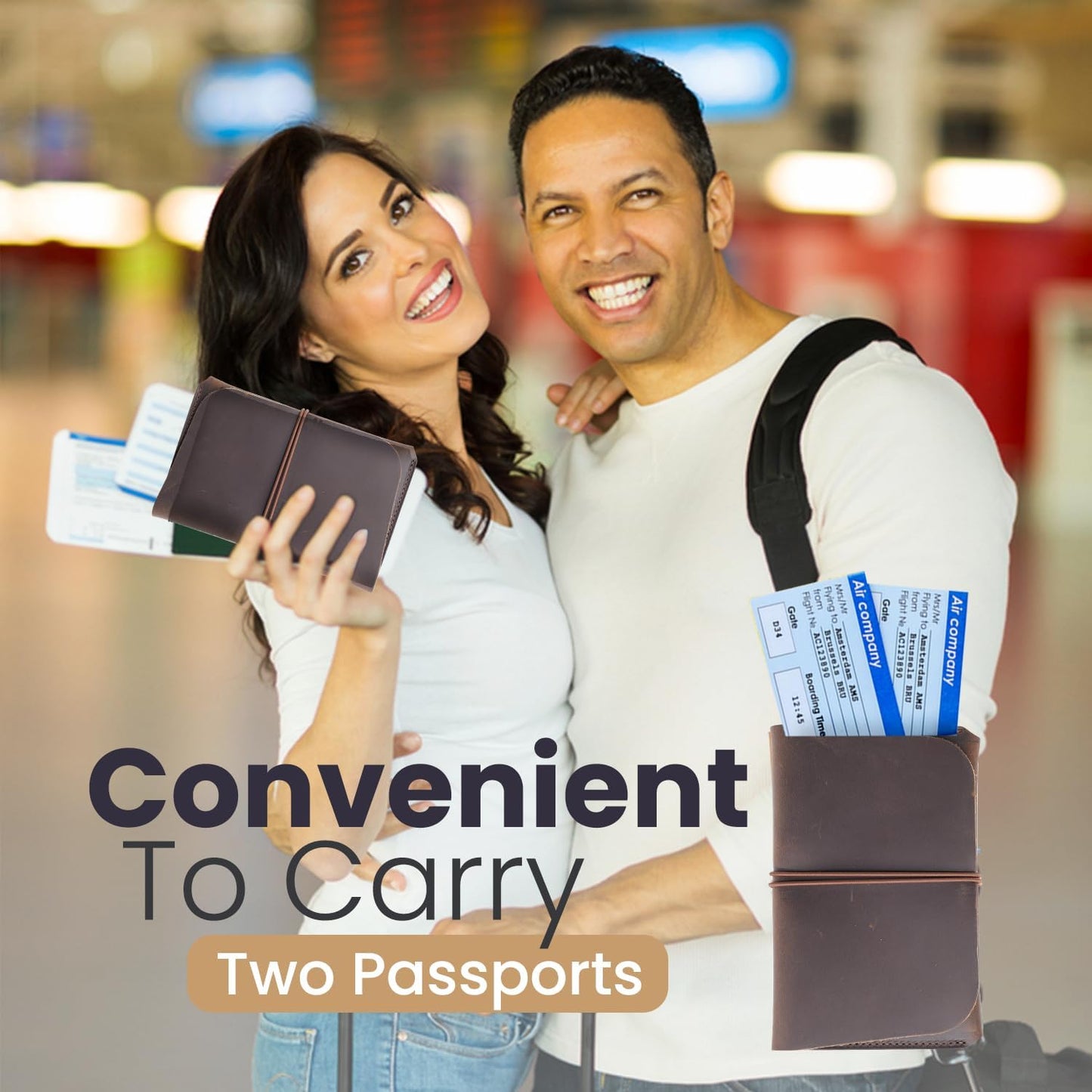 Leather Passport Holder with Travel Wallet, Genuine Leather Passport Cover- Passport Wallet, Leather Folding Wallet for Passports (Strap, Dark Brown)