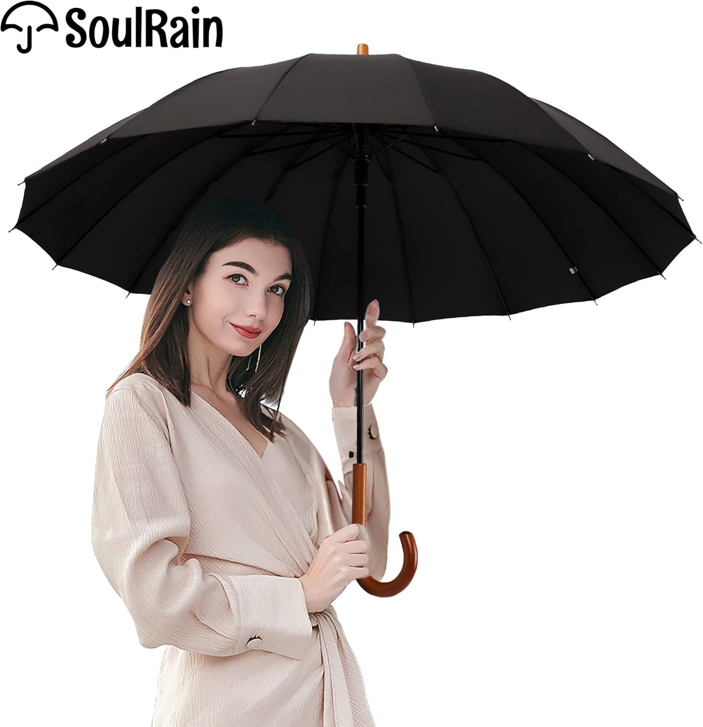 SoulRain 16 Ribs 48" Stick Umbrella Auto Open Solid Color Fashionable and Simple，Arc Classic Wood Handle，Windproof Unbreakable Stick Rain Umbrella