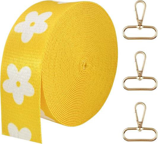 1.5 inch Nylon Webbing Straps for Bags with Buckle 1 1/2 inch 6 Yards Yellow Flower Heavy Duty Patterned Fabric Webbing Luggage Handle for Backpack-Decorative Supplies-Clothing-Sewing-DIY Crafts
