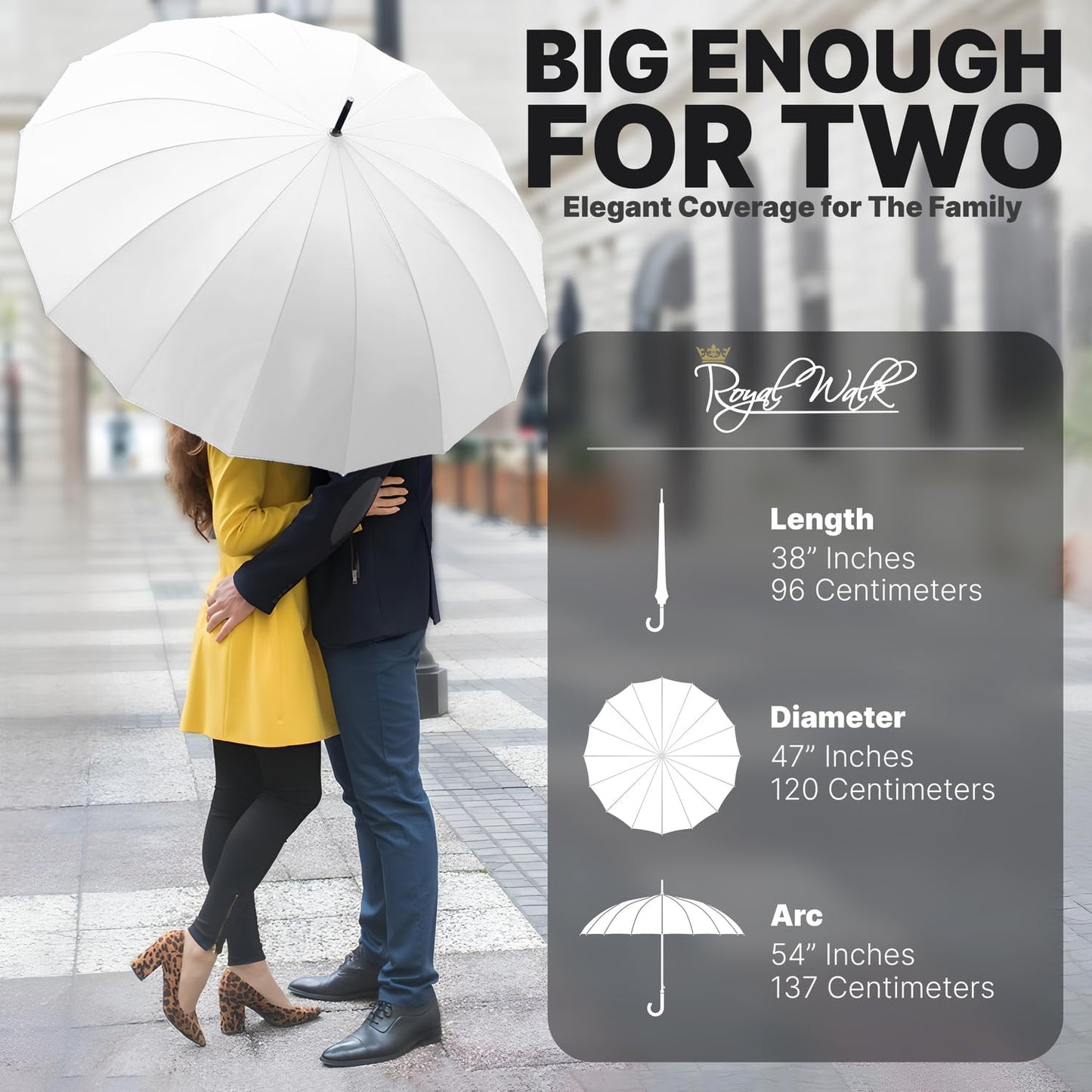 Royal Walk Windproof Large Umbrella for Rain 54 Inch Automatic Open for 2 Persons Wind Resistant Big Golf Umbrellas for Adult Men Women Classic Wooden Handle Fast Drying Strong 16 Ribs Travel 120cm