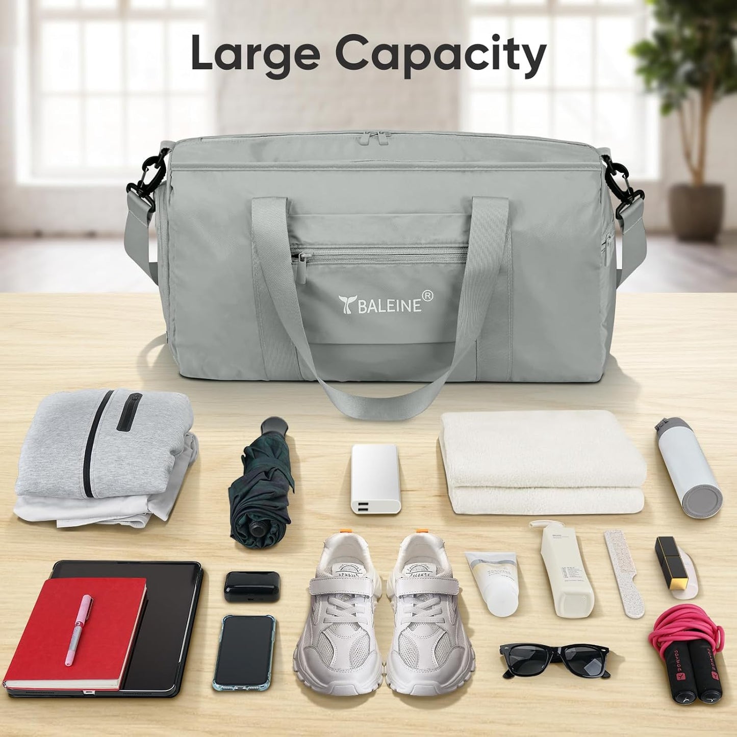 BALEINE Gym Bag for Women and Men, Small Duffel Bag for Sports, Gyms and Weekend Getaway, Waterproof Dufflebag with Shoe and Wet Clothes Compartments, Lightweight Carryon Gymbag (Silver)