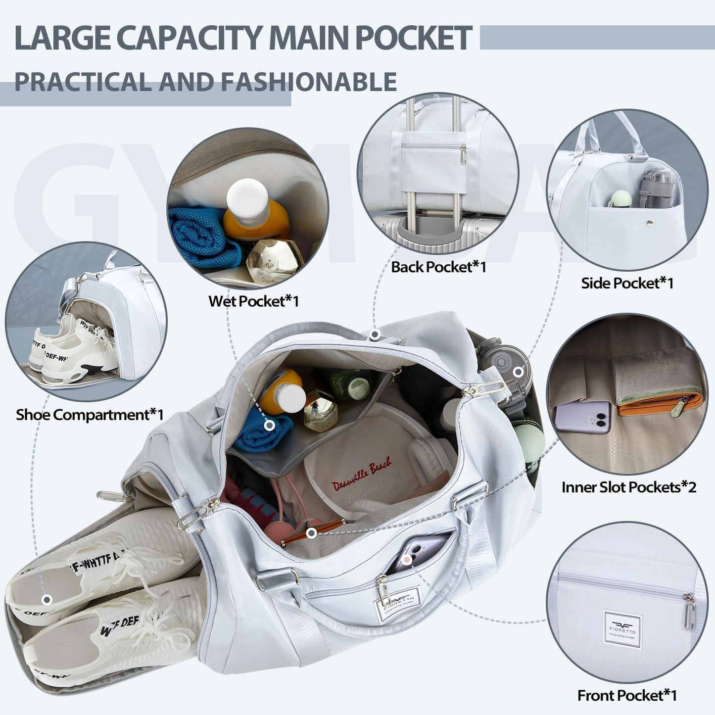 FIORETTO Womens Gym Tote Duffle Bag with Wet Pocket & Shoe Compartment, Sports Duffel Overnight Weekender Hospital Workout Carry on Bag for Girls, Ideal for Travel, Swimming, Dance, Ballet Grey