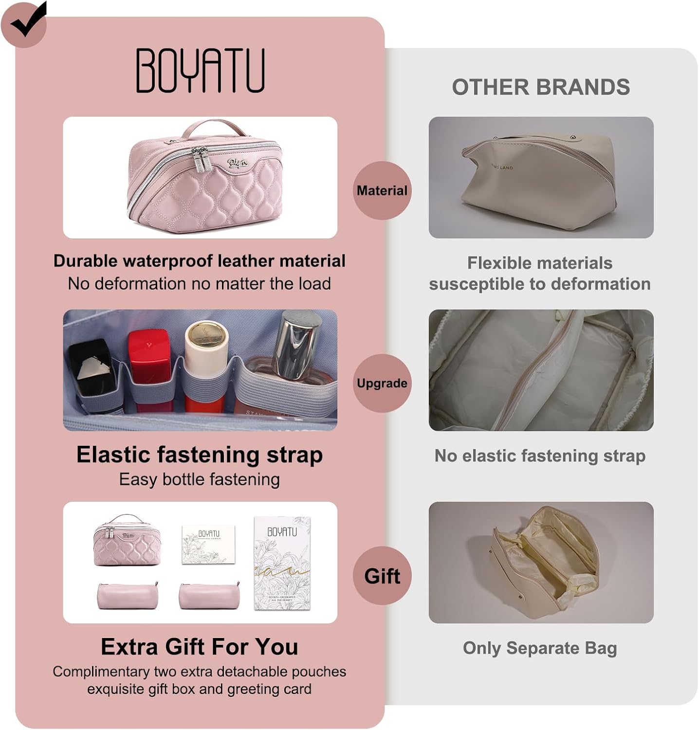 BOYATU Travel Makeup Bags for Women Cosmetic Bag: Puffy Make up Bags Set of 3 - Vegan Leather Makeup Organizer - Waterproof Large Toiletry Bag with Compartments - Travel Essentials (H-3-Pink)