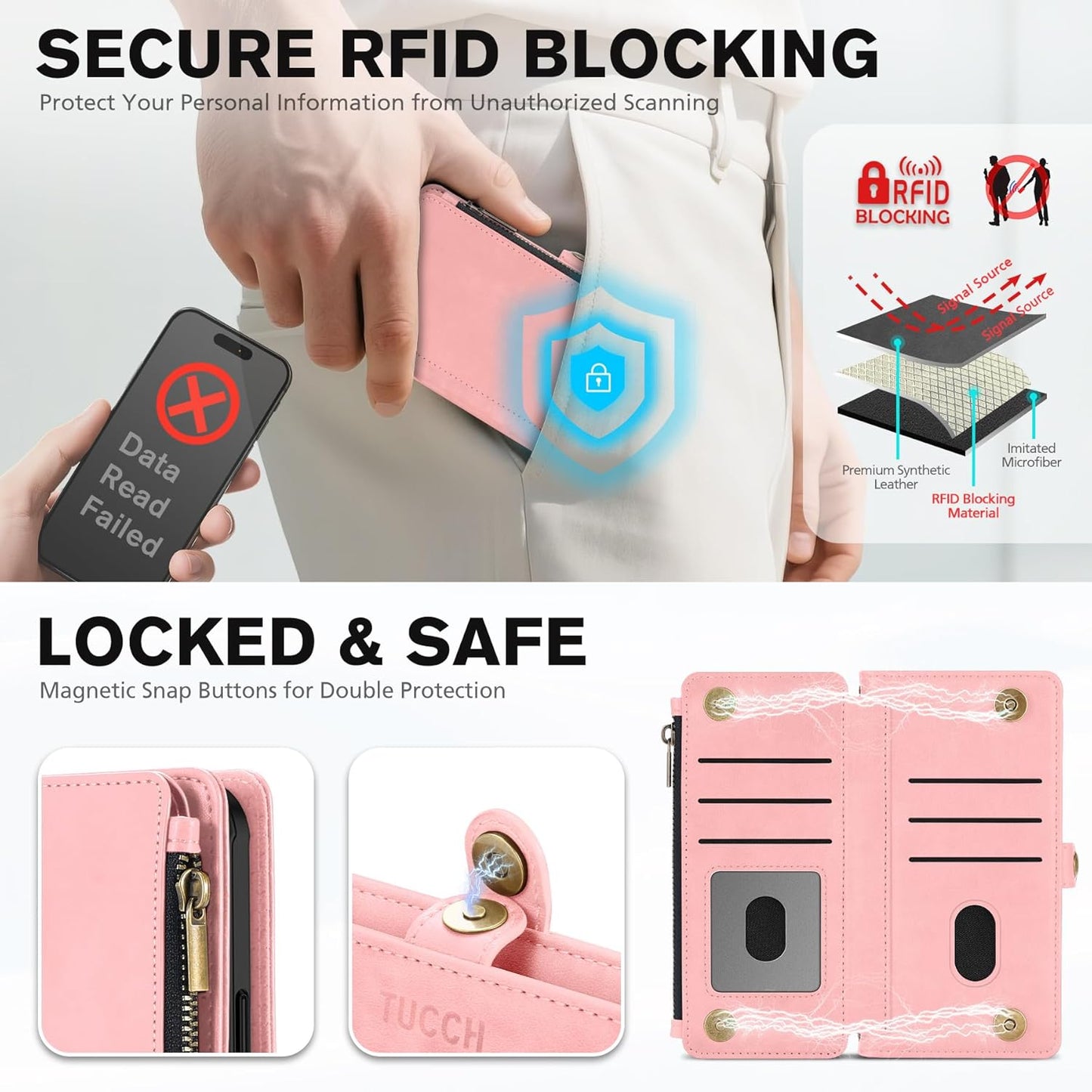 TUCCH Detachable Crossbody Wallet Case for iPhone Air 6.5", 9 Card Slots RFID Blocking | Stand | Lanyard Wrist Strap | Wireless Charging | Zipper Pocket | PU Leather Magnetic Flip Cover | Rose Gold