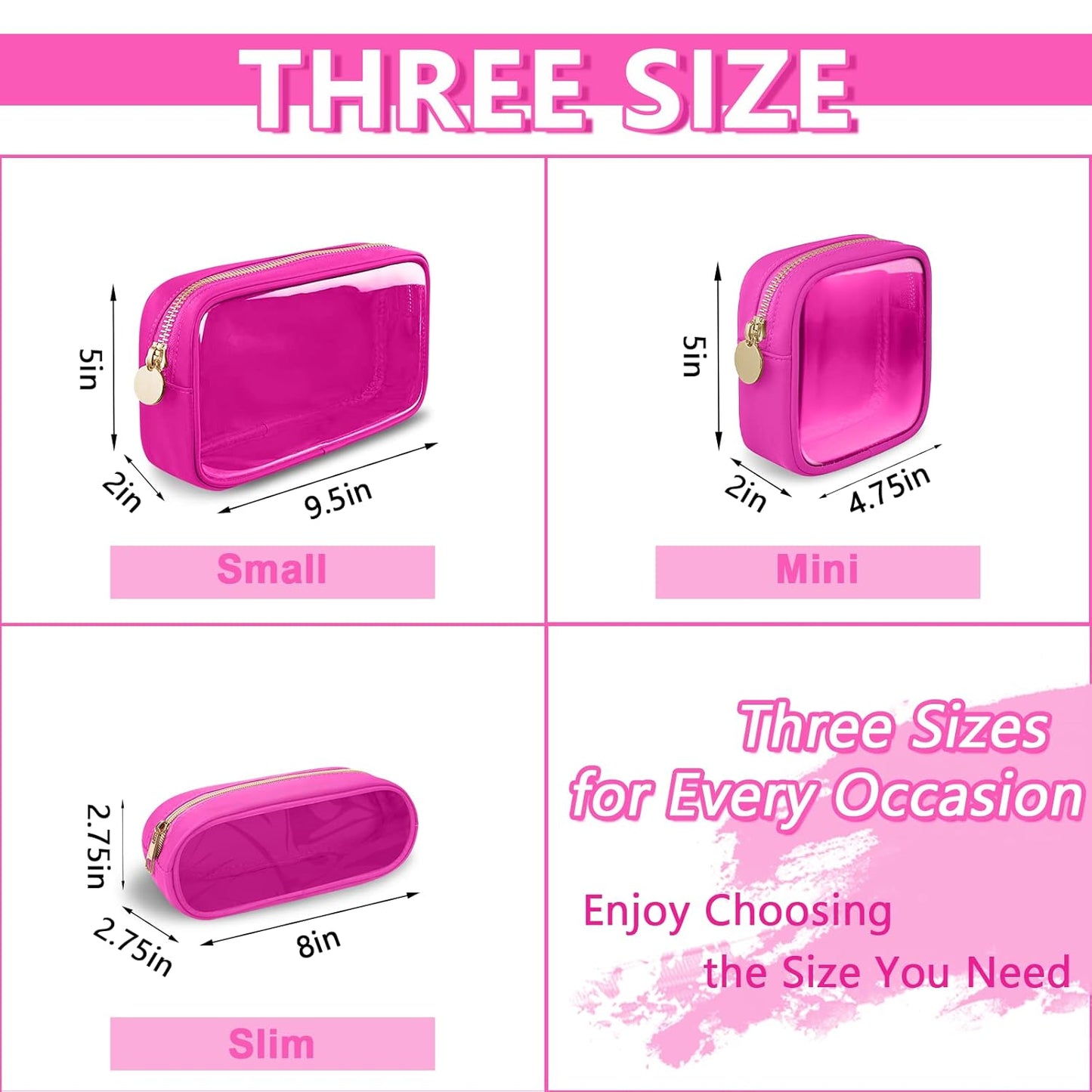 Clear Small Makeup Bag with Zipper, Nylon&PVC Cosmetic Travel Bag Preppy TSA Approved Toiletry Bag for Women Girls, Transparent Waterproof Makeup Pouches Cute Travel Bag for Purse(Small-Hot Pink)