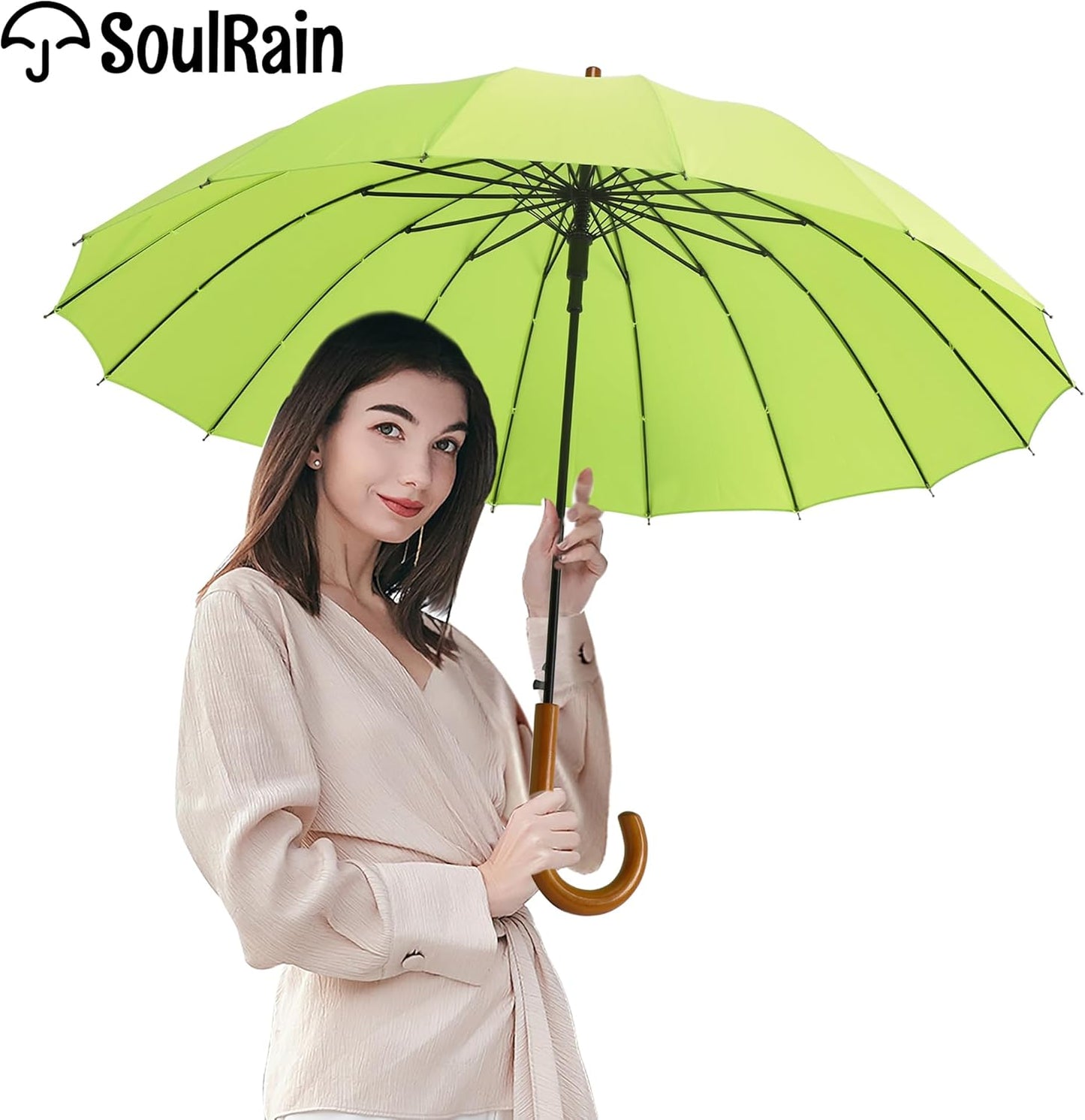 SoulRain 16 Ribs 48" Stick Umbrella Auto Open Solid Color Fashionable and Simple，Arc Classic Wood Handle，Windproof Unbreakable Stick Rain Umbrella
