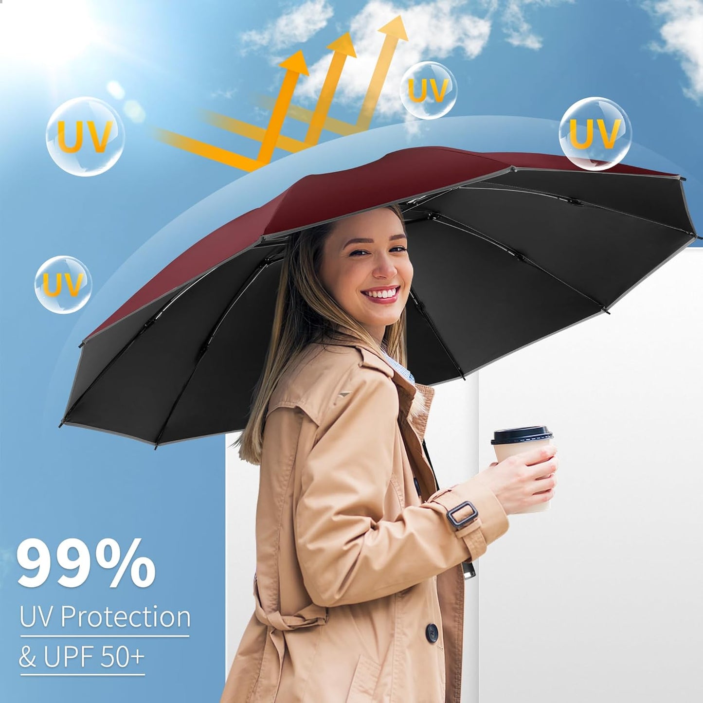 Seniny Inverted Travel Umbrella, Automatic Umbrellas for Rain, Windproof Compact Umbrella with Reflective Stripe, Folding UV Umbrella Sun Umbrella, Portable Large Umbrella for Backpack, Lightweight