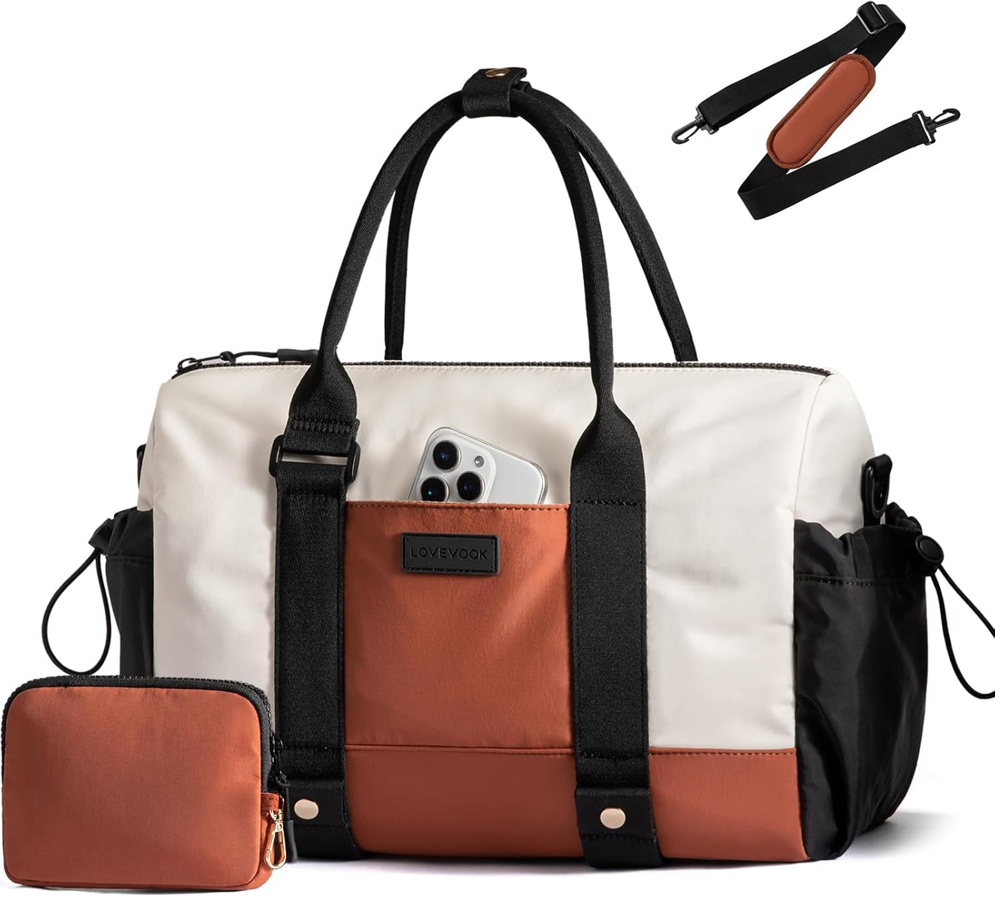 LOVEVOOK Small Gym Bag for Women with Yoga mat Holder, Mini Duffle Bag for Travel with Wet Pocket, Overnight Personal Item Bags (Black-White-Brown, 16.5 inch-Large-2Pcs)