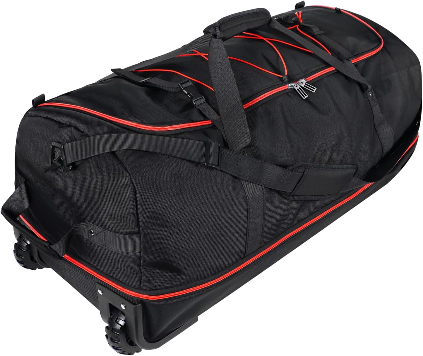110L/140L Expandable Soft-Sided Foldable Duffle Bag with 2 Rubber Wheels,Packable 32” Rolling Carry-On with Multi-Pockets & Compartments,Black Red
