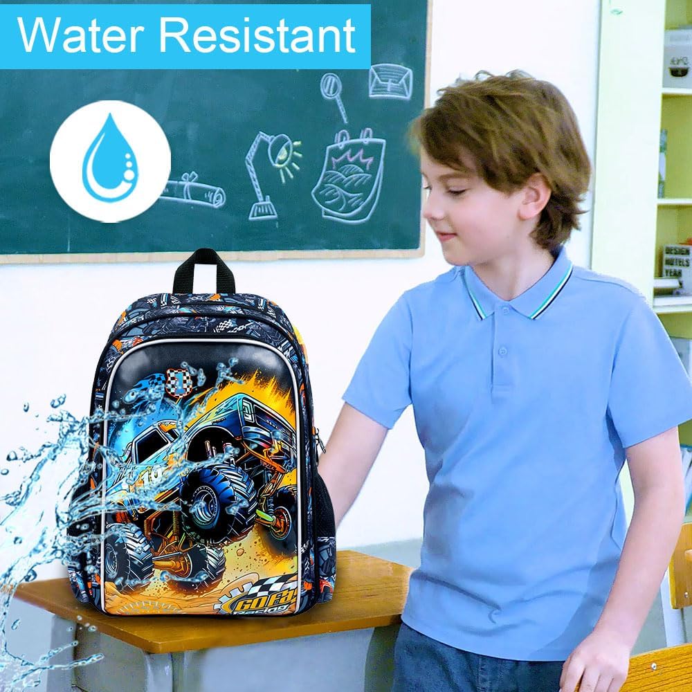 16" Truck Backpack for Boy, 3Pcs Car School Backpacks with Lunch Box, Kids Bookbag for Elementary Preschool Kindergarten(Black)