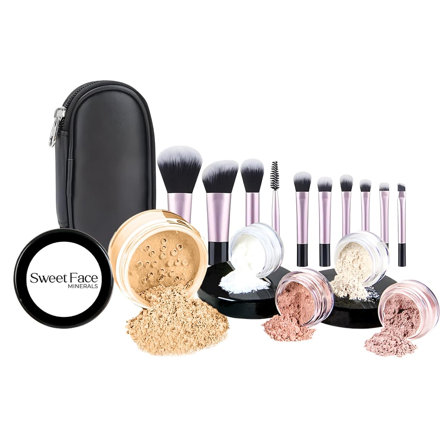 16pc Beginner Mineral Makeup STARTER KIT with 10 BRUSHES(5gm) Sample Size Foundation, Primer, Blush, Bronzer, Setting Powder for Learning, Occasional Use,First Time Users, Travel Size Kit(Deep Tan)