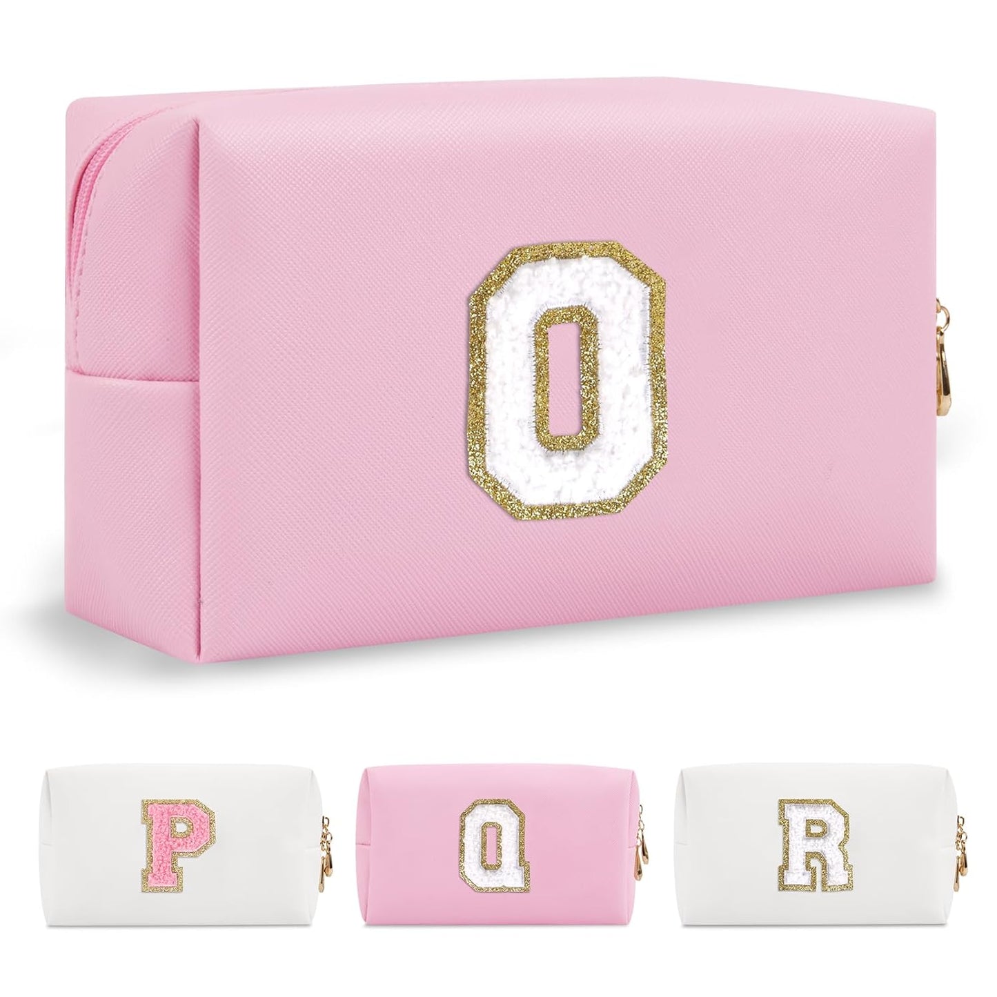 Personalized Initial A-Z Preppy Patch Makeup Bag,Small PU Chenille Letter Cosmetic Bag with Zipper for Teen Girls,Pink Cute Toiletry Organizer Bag,Monogram Makeup Case Gift for Women Girls,Letter O