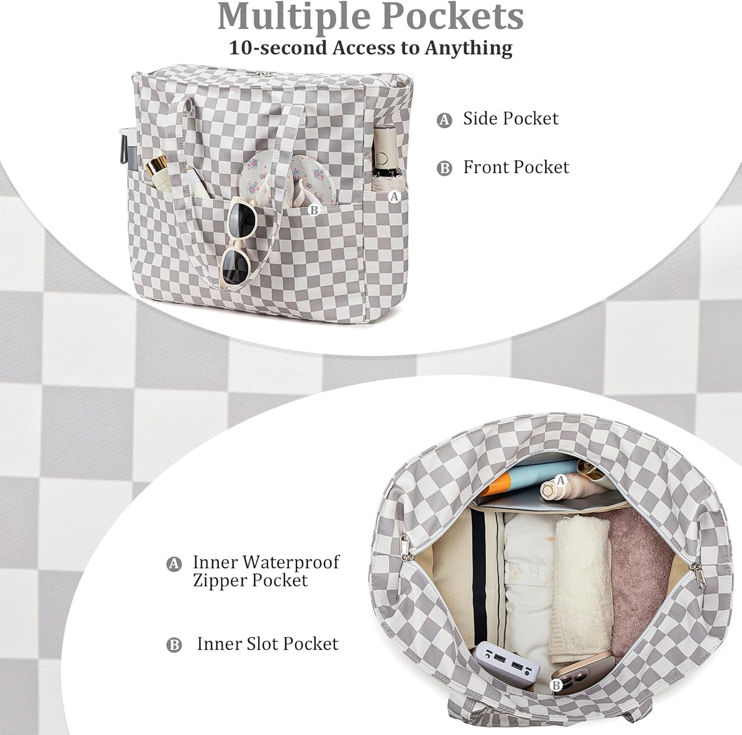 LEDAOU Large Beach Tote Bag Women Waterproof Sandproof Zipper Beach Tote Bag for Pool Gym Grocery Travel with Wet Pocket