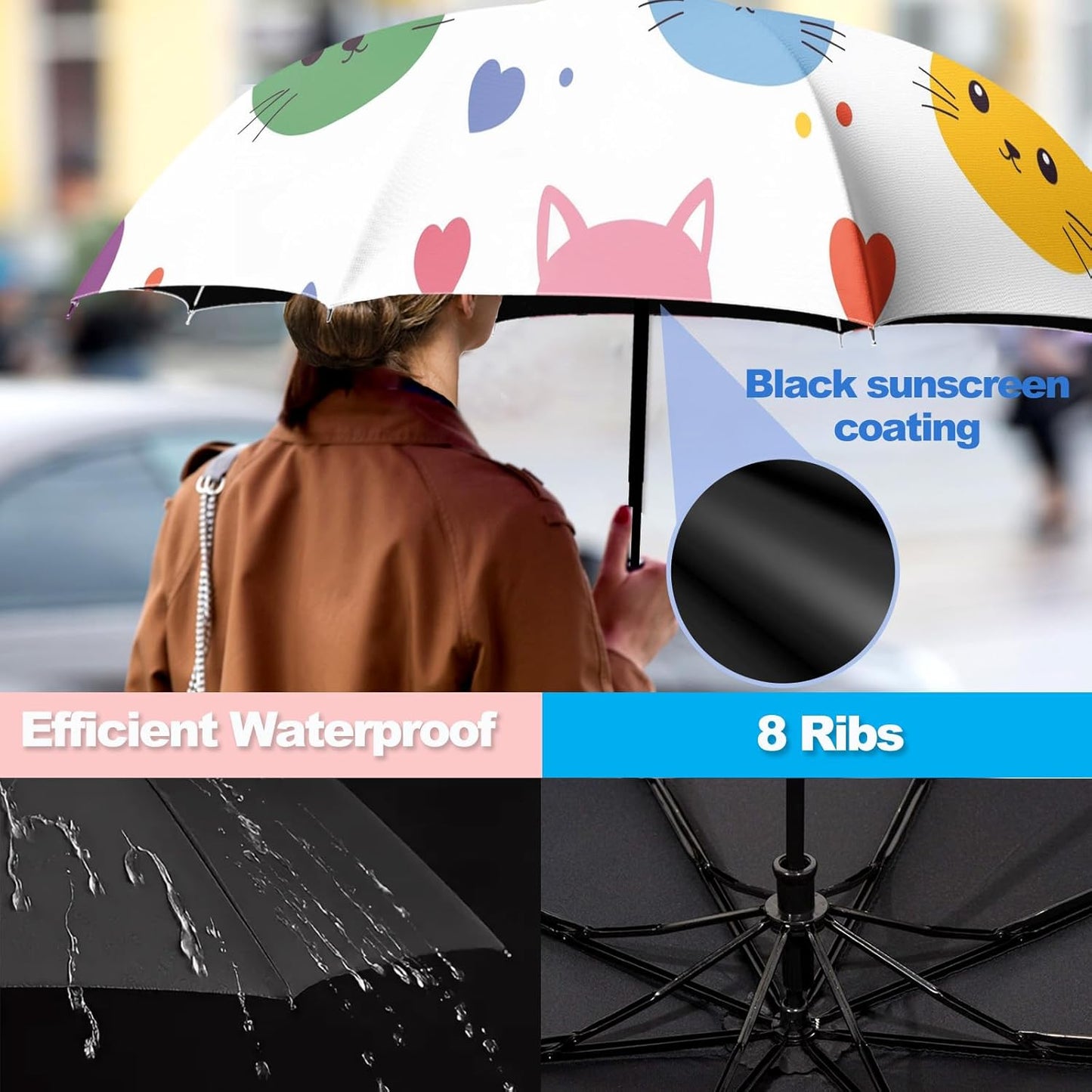 Small Travel Folding Umbrella for Girl, Portable, UV, SunShade, Compact, Automatic, Rain & Wind