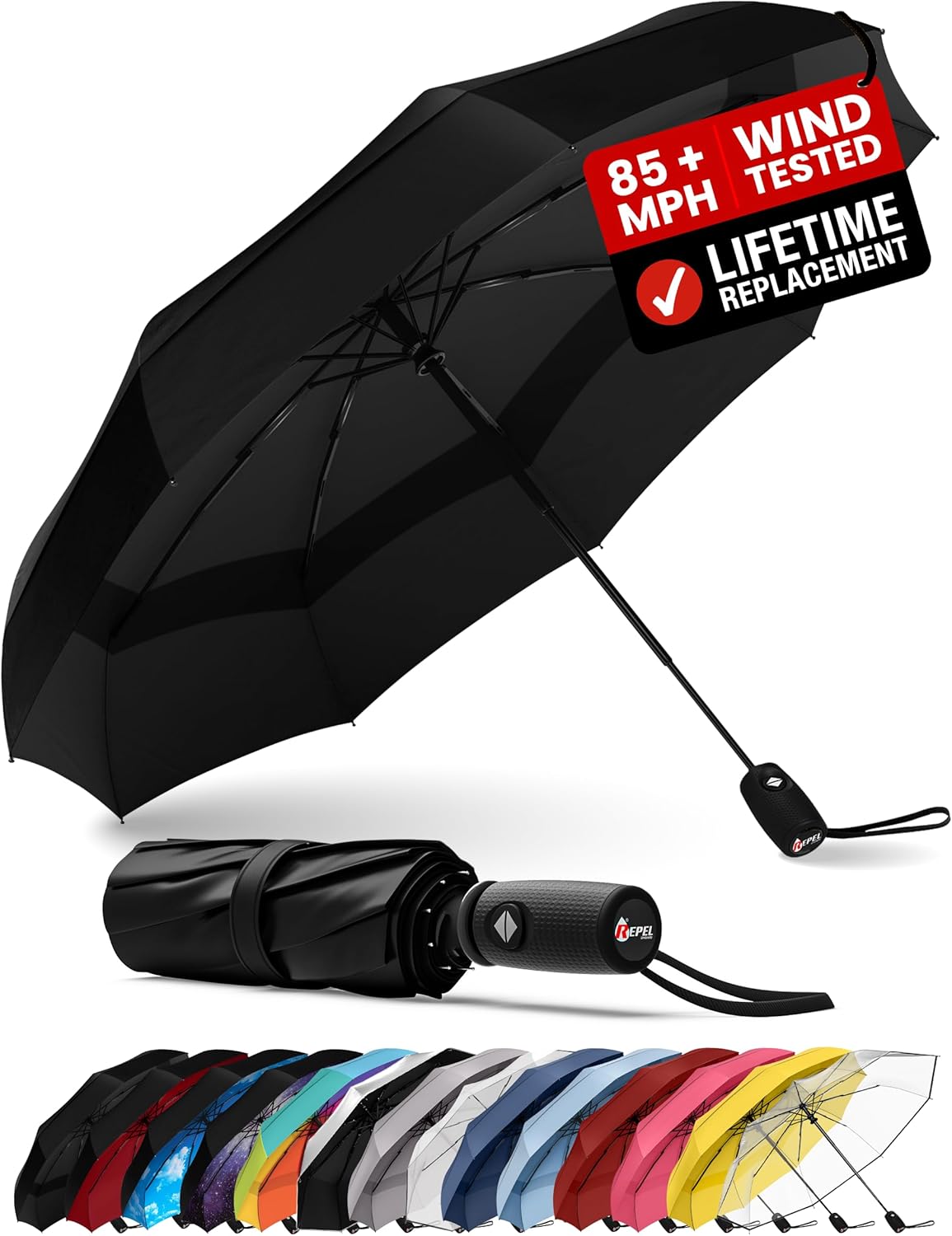 REPEL Windproof Travel Umbrella - Compact & Withstands Winds up to 85MPH , Strongest Premium Auto Folding Umbrella for Rain and Sun - Durable, Light & Portable for Women & Men , Fits Backpack & Cars