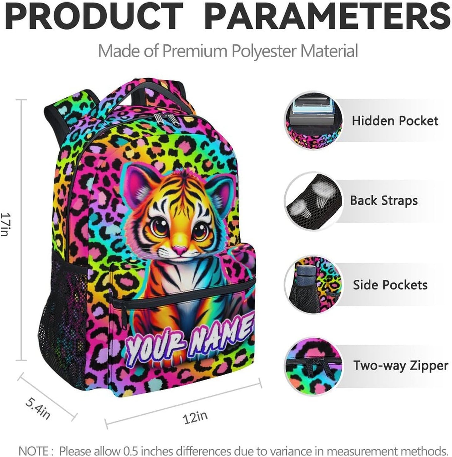 Custom School Backpack for Kids - 17 Inch Tiger Backpack with Adjustable Straps - Cartoon Leopard Print Large Capacity Bookbag for Elementary