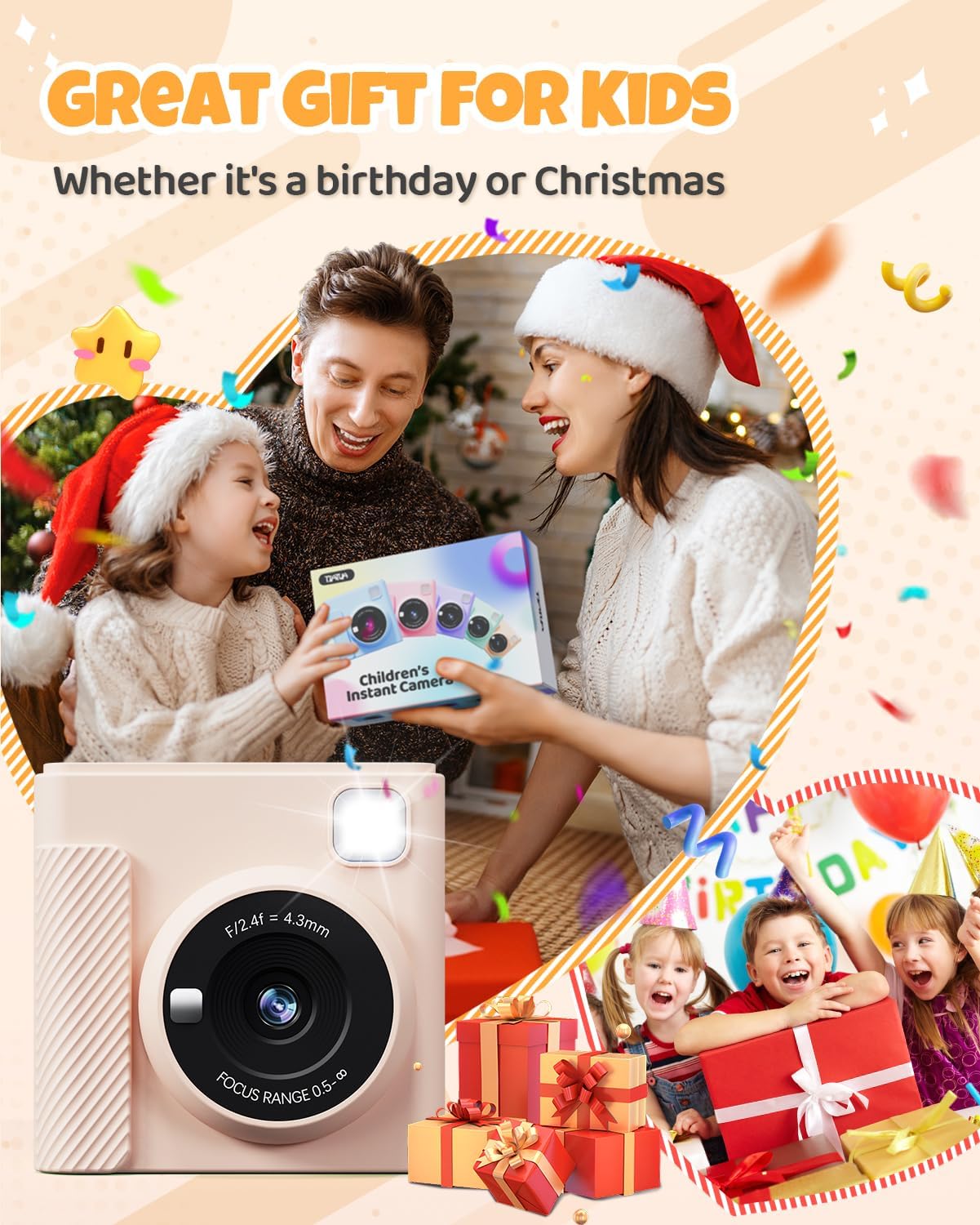 Kids Instant Print Camera, Christmas Birthday Gifts for Girls and Boys, 1080P HD Video Digital Kids Camera with Print Paper & 32G Card, Toddler Toy for 3-14 Years Old (Brown)