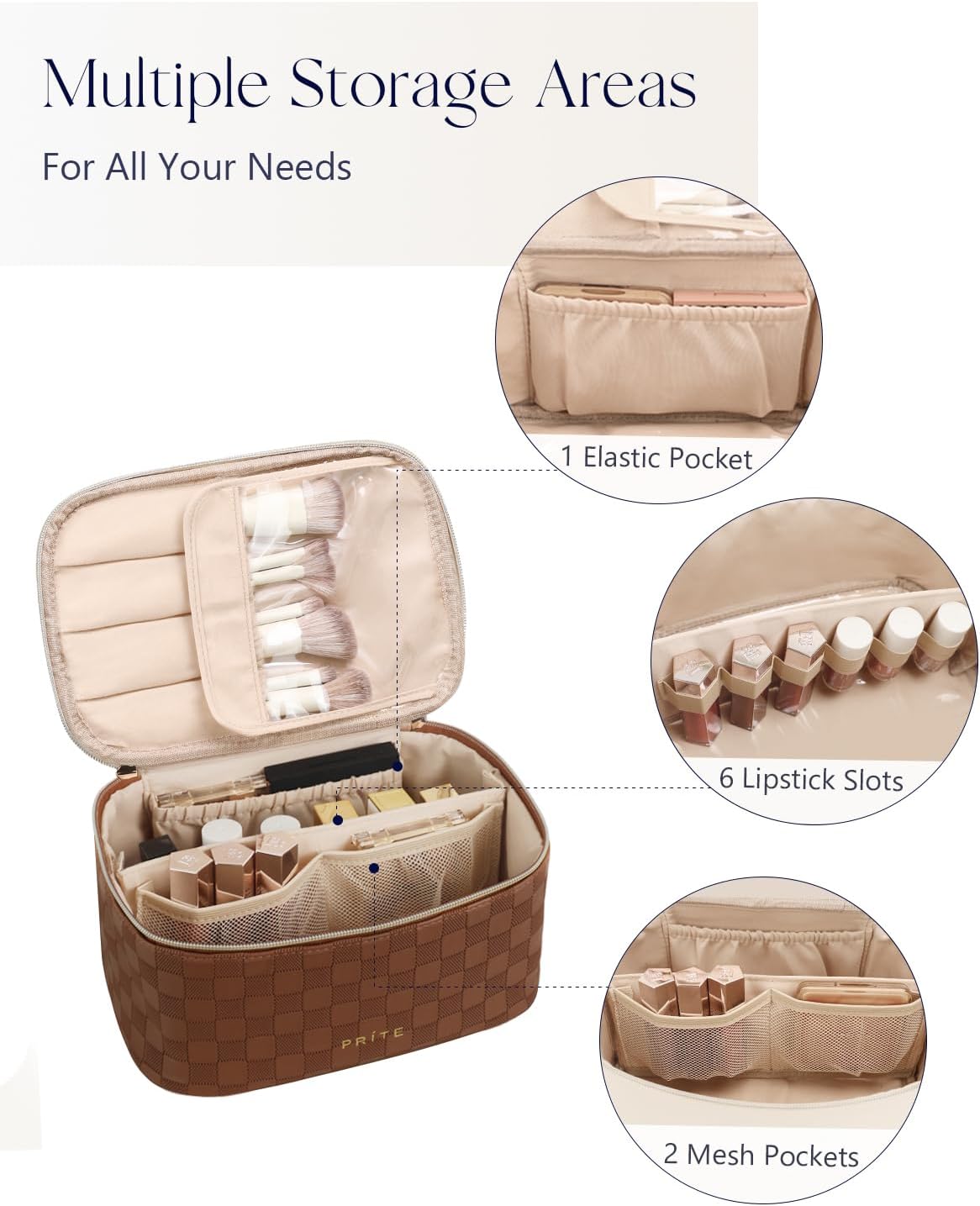 Prite Makeup Bag Portable Cosmetic Organizer with Brush Holder Waterproof Travel Toiletry Bag for Women with Handle and Divider (Checkered Brown)