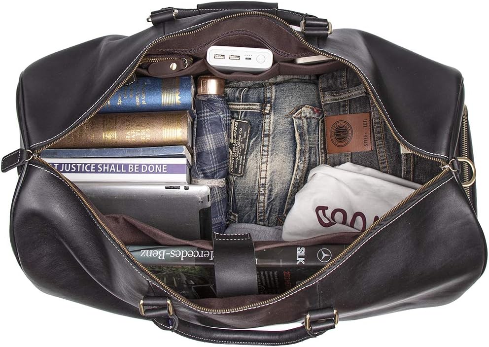 Leather Travel Luggage Bag, Mens Duffle Retro Carry on Handbag(Black, 24 Inch)