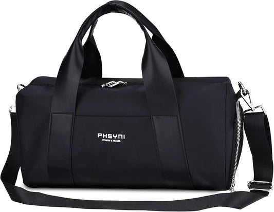 Compact Sports Gym Bag for Women & Girls and Kids, Cute Mini Duffle Bag with Wet Pocket & Shoes Compartment, Personal Item Travel Workout Bag, 16"-Small, Black