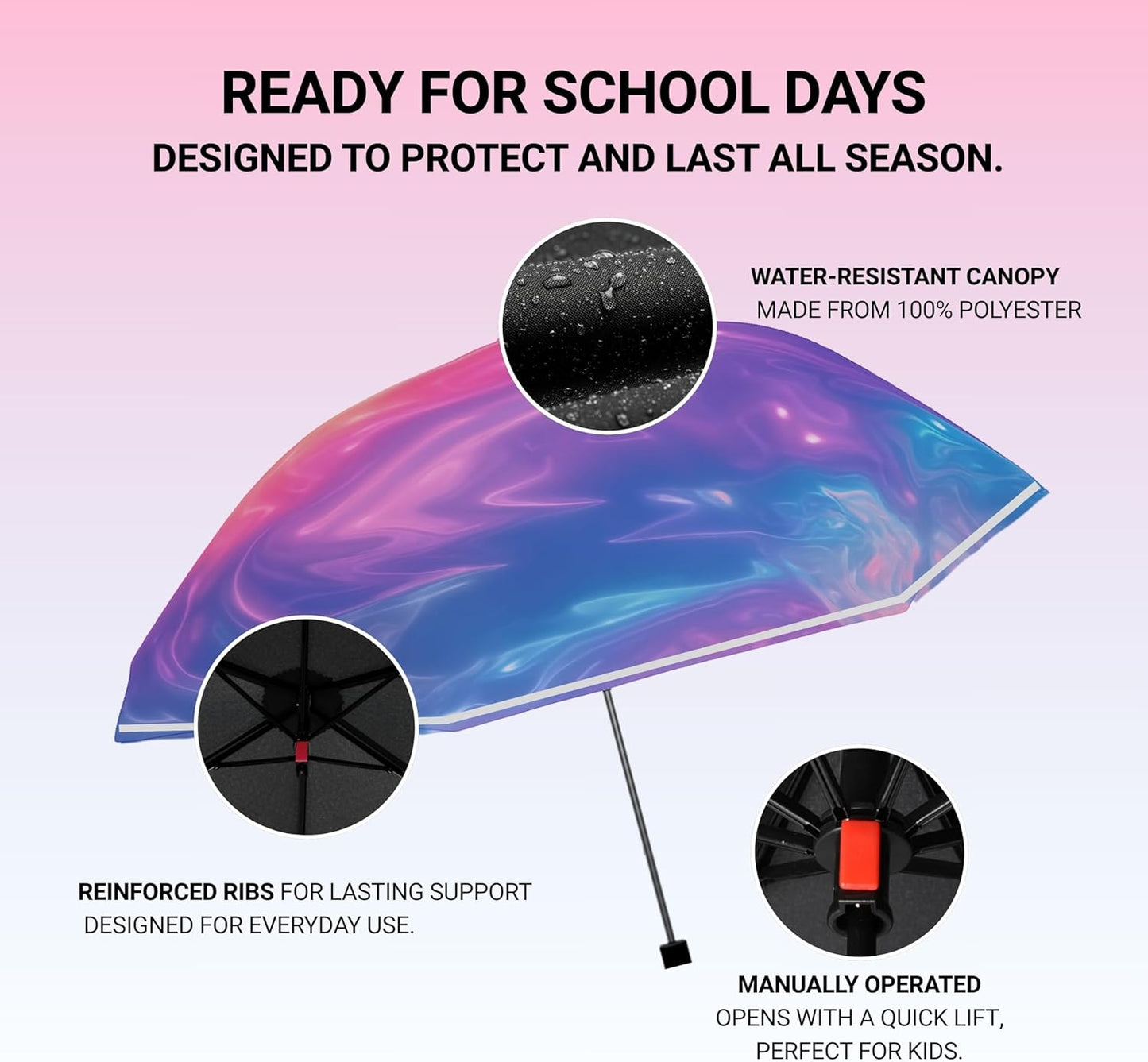 Knirps Rookie Manual Rain Umbrella for Elementary and Middle School Kids – 35.4" Canopy with Reflective Safety Stripe, Carrying Case Included