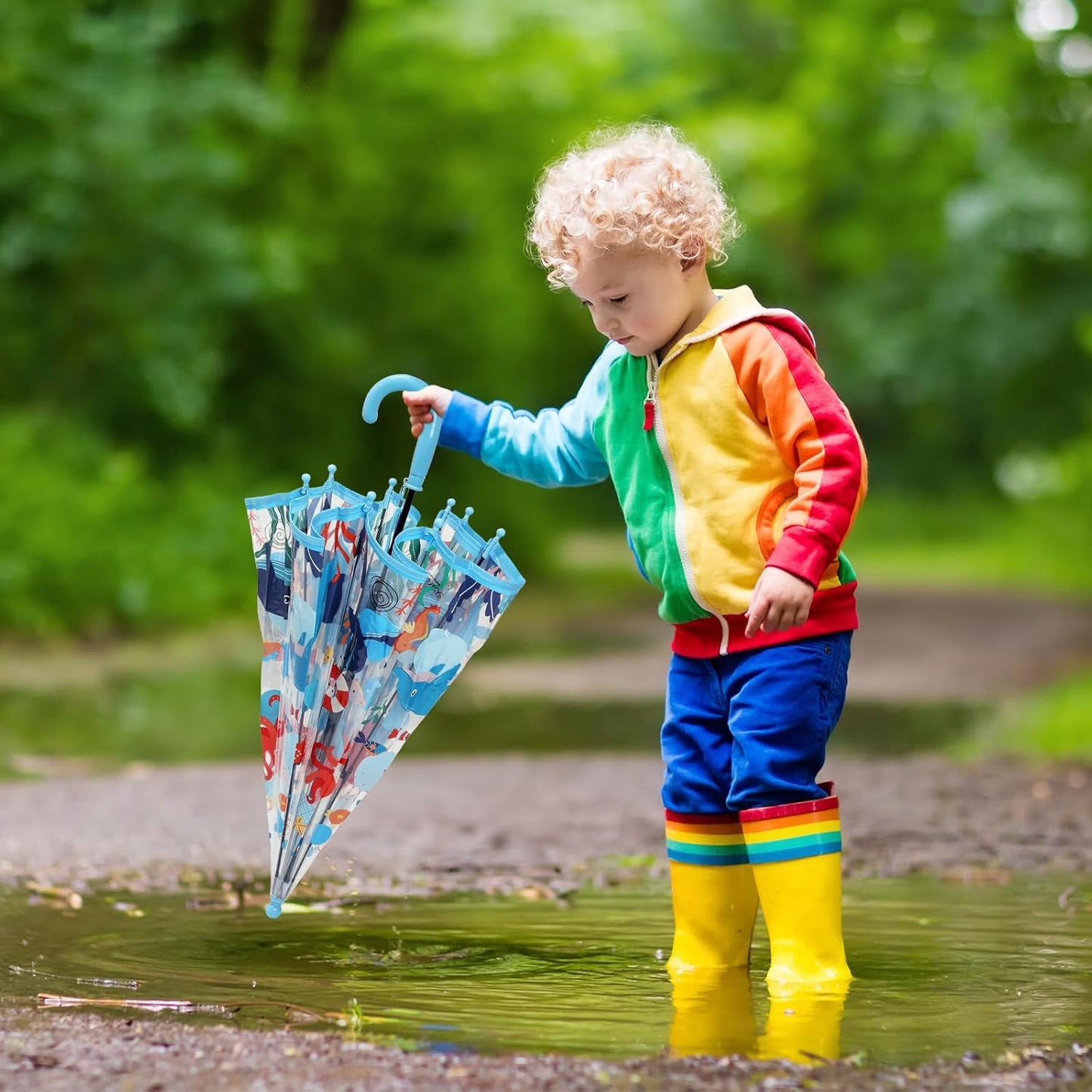 Kids Umbrella Clear Bubble Umbrellas for Rain,Transparent Dome Safety Windproof Umbrella with Easy-Grip Hook Handle for Toddler Girls and Boys