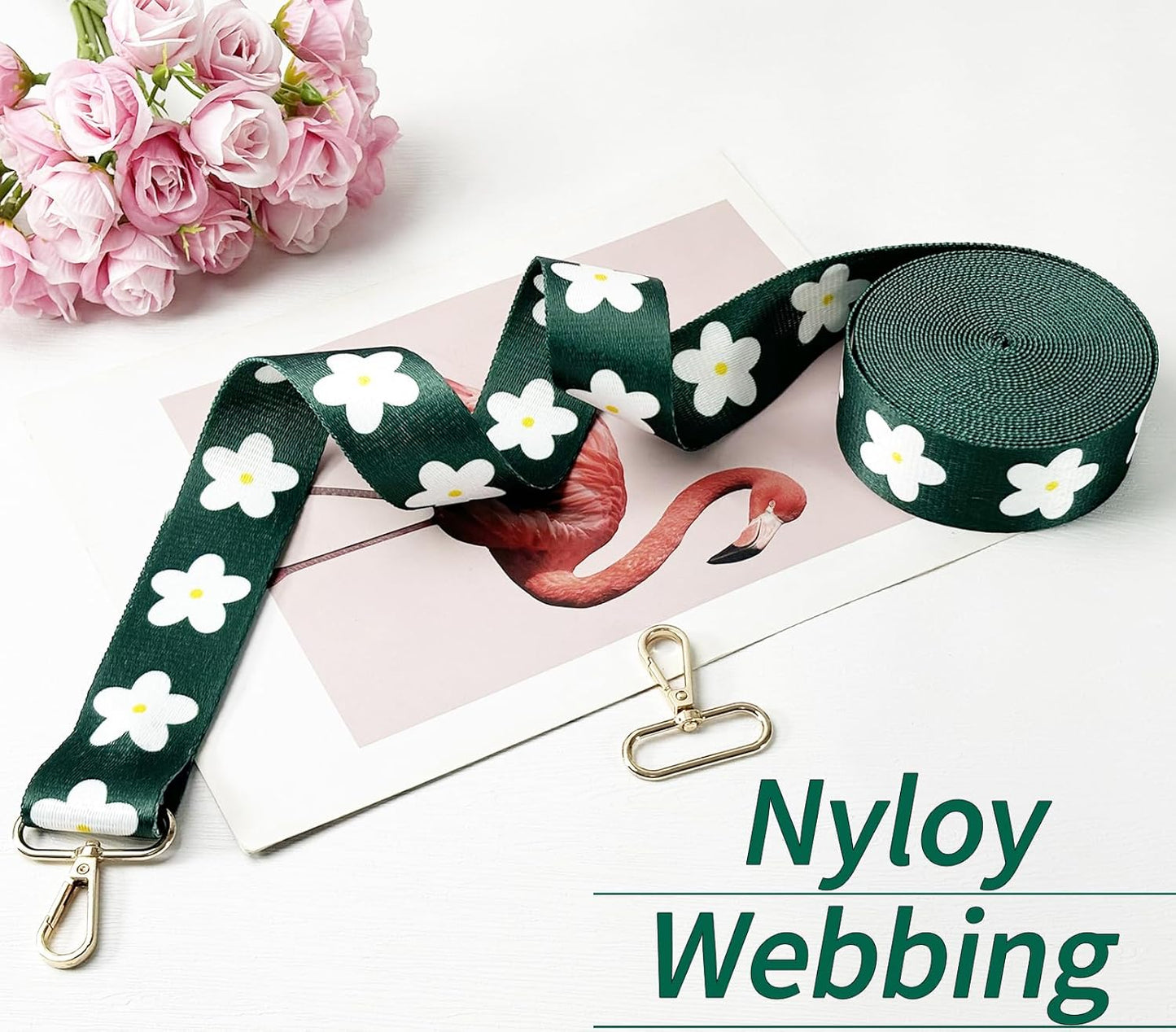 1.5 inch Printed Nylon Webbing Straps for Bags with Buckle 1 1/2 inch 6 Yards Deep Green Thick Patterned Fabric Webbing Luggage Handle Ribbon for Backpack-Home Deco-Clothing-Sewing-DIY Crafts