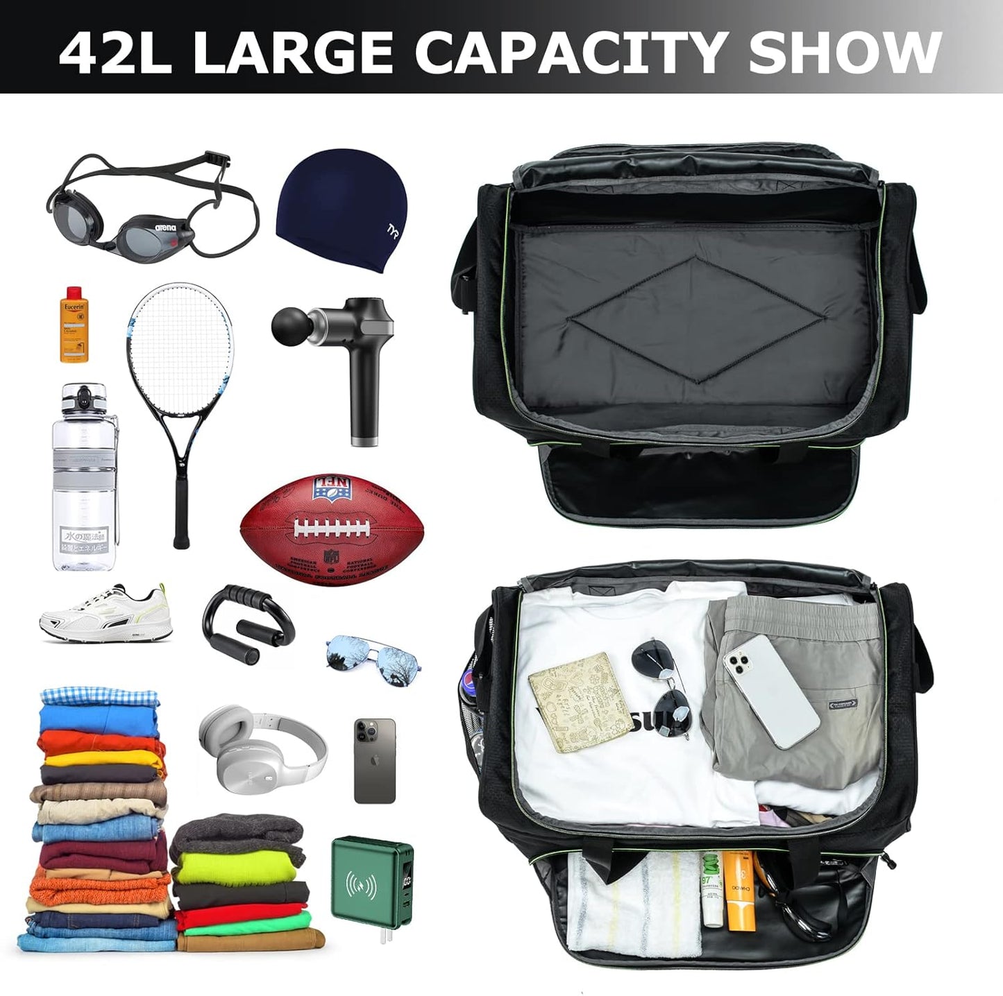 Mens Gym Bag 21 inch Large Overnight Weekender Duffle Bag for Travel Sport-Green/Black