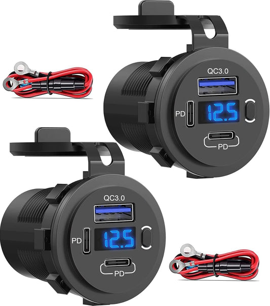 12V USB Outlet, Dual USB C Car Charger Socket & Quick Charge 3.0 Port with Voltmeter and Power Switch for Car Boat Marine Truck 2 Pack